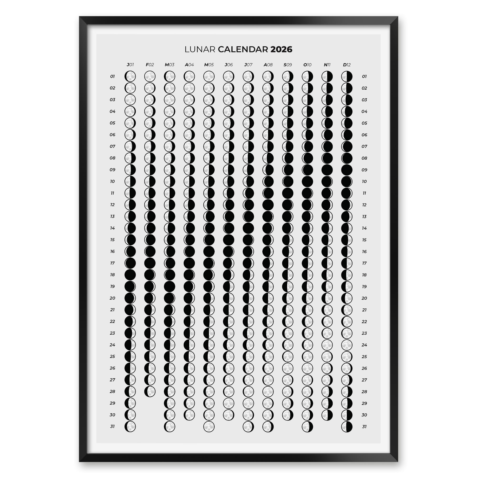 MeloPrints 2026 Lunar Calendar Print, Vertical Wall Art with Daily Moon Phases, Grey