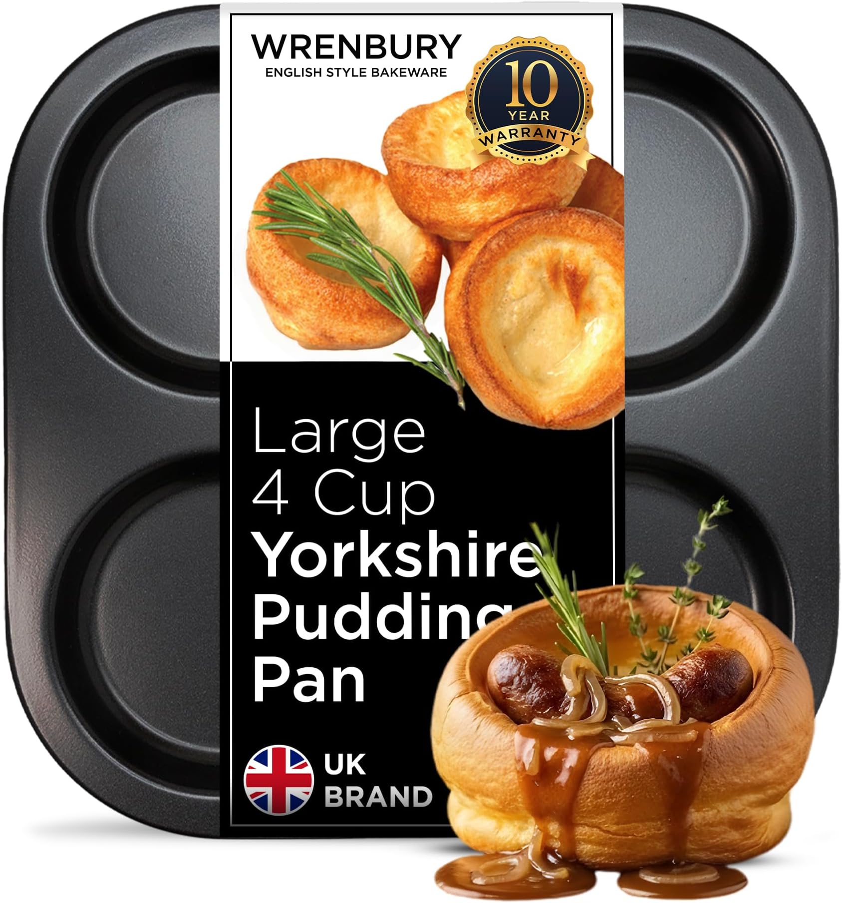 Wrenbury Large Yorkshire Pudding Pan Heavy Duty - Non-Stick for Perfect, Easy Release Puddings 4 inch - Even Heating, Non-Stick Coating Tray - 10 Year Guarantee