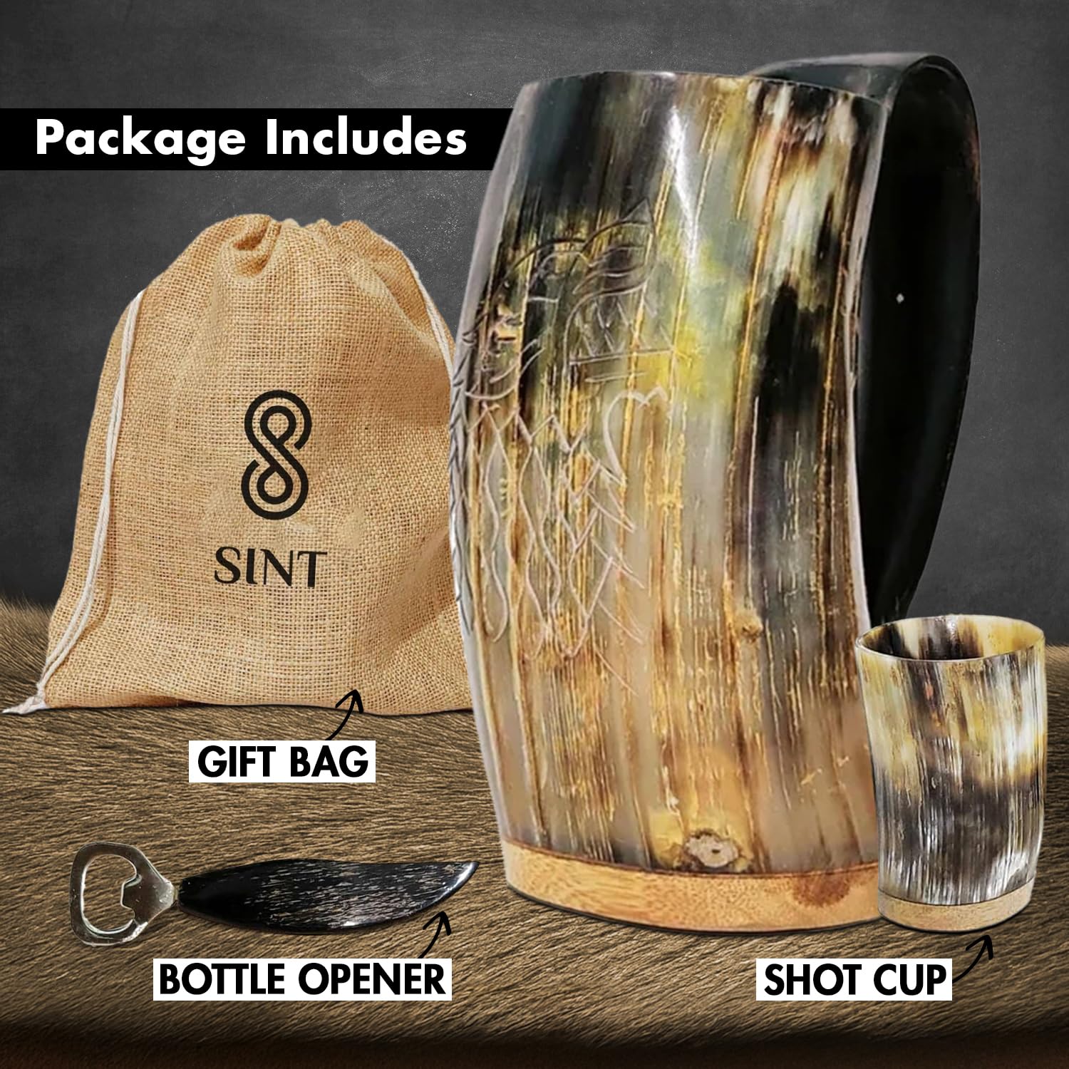 Viking Horn Mug With Gift Bag - Food Grade Medieval Style Man's Beer & Mead Cup (The Wolf/Fenrir-Engraved Natural)