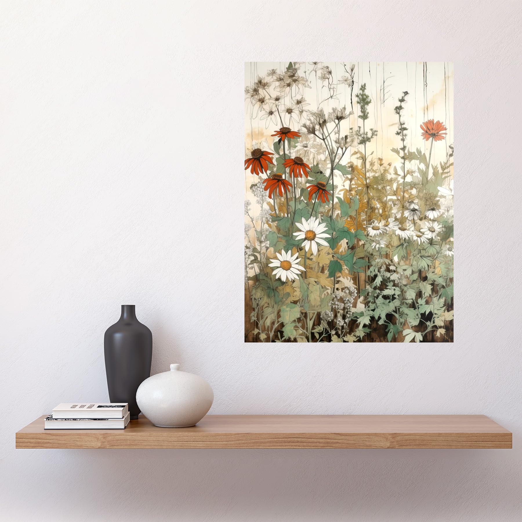 Artery8 Wildflowers Vintage Watercolour Painting Red White Daisy Flowers Spring Field Large Wall Art Poster Print Thick Paper 18X24 Inch - Image 2