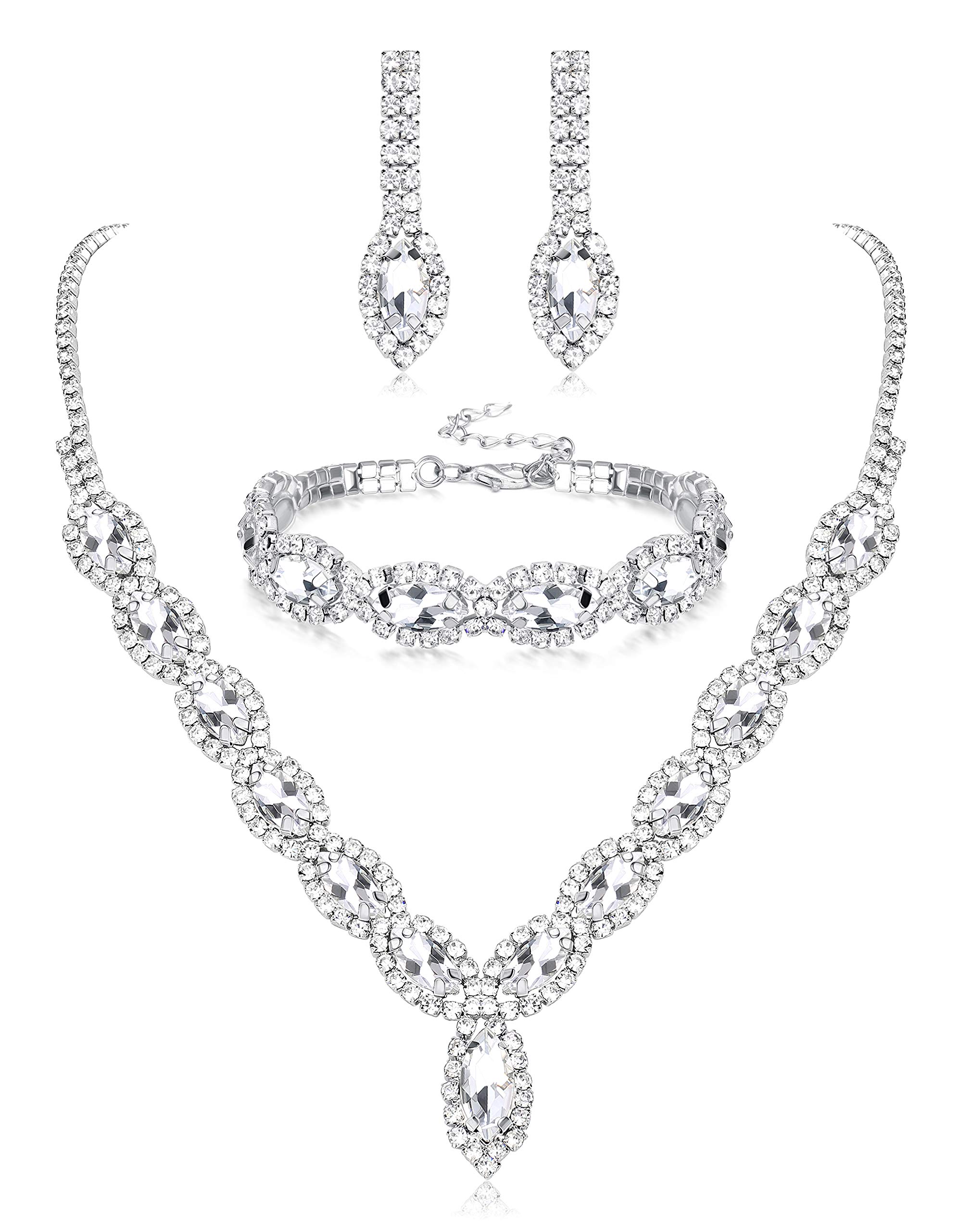 Thunaraz Crystal Bridal Jewelry Set Crystal Necklace and Earrings with Crystal Bracelet for Women Jewelry Set Gifts fit