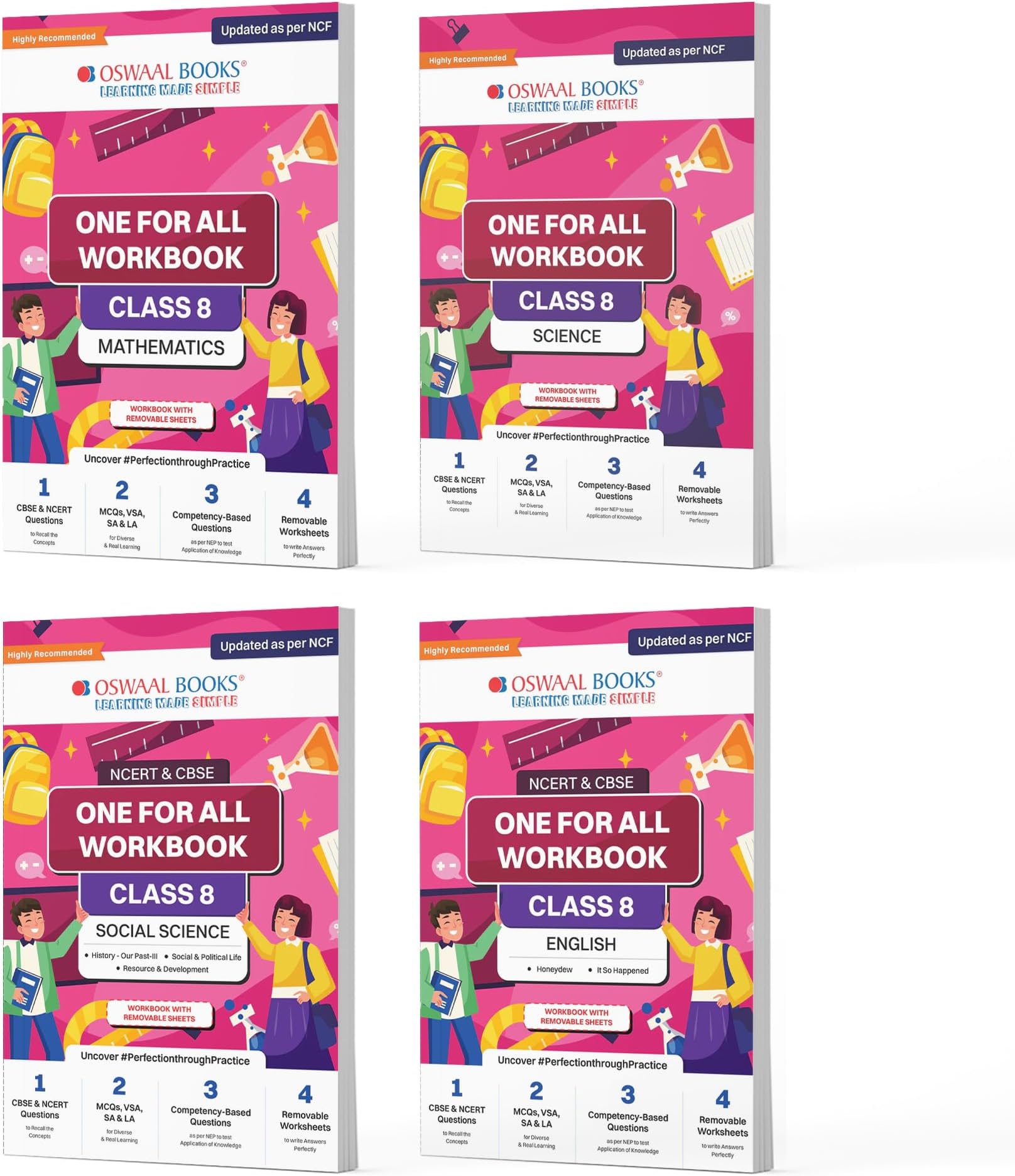 Oswaal NCERT & CBSE One For All Workbook For Class 8 | Mathematics | Science | Social Science | English | Updated As Per NCF | MCQ's | VSA | SA | LA | Set Of 4 Books | For Latest Exam