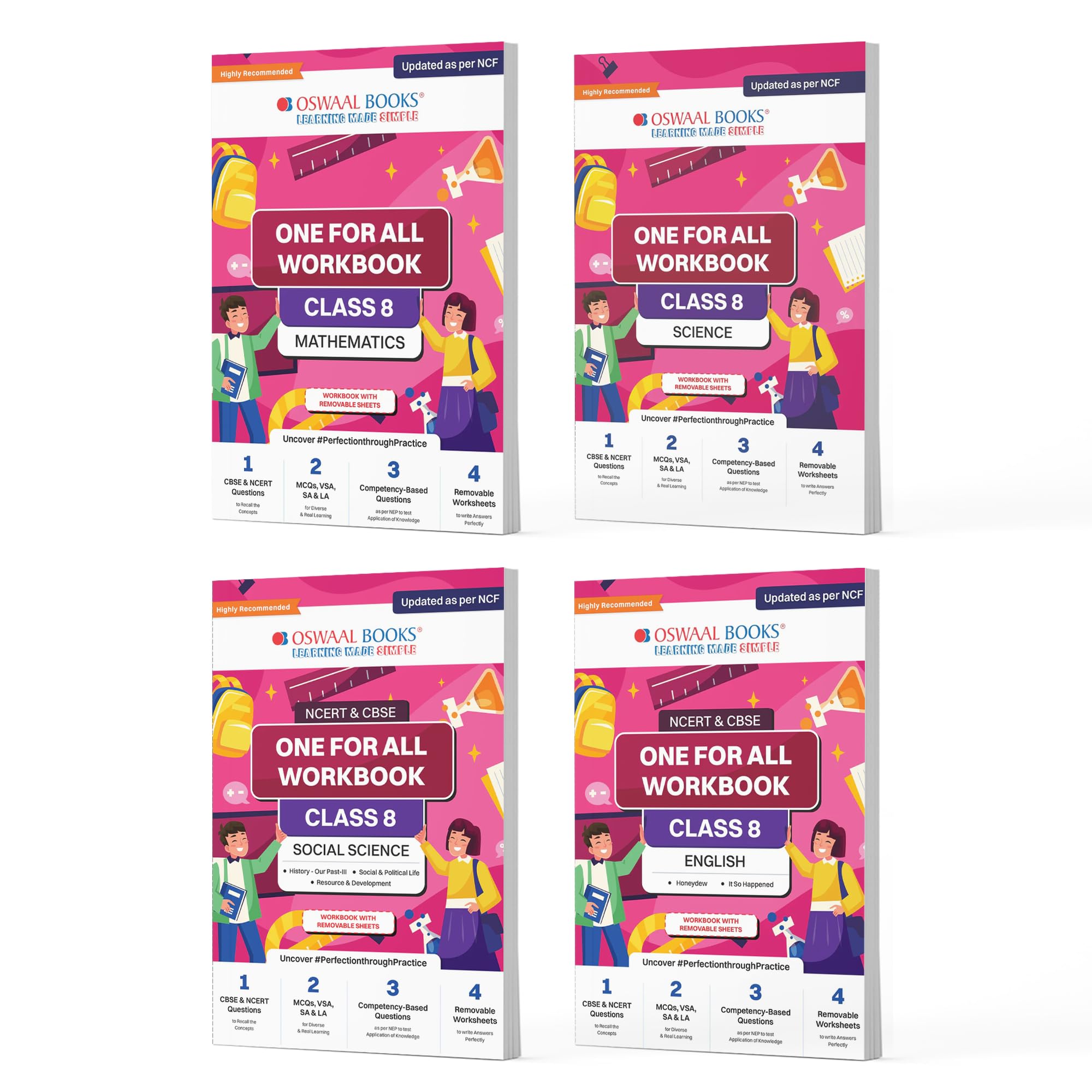 Oswaal NCERT & CBSE One For All Workbook For Class 8 | Mathematics | Science | Social Science | English | Updated As Per NCF | MCQ's | VSA | SA | LA | Set Of 4 Books | For Latest Exam