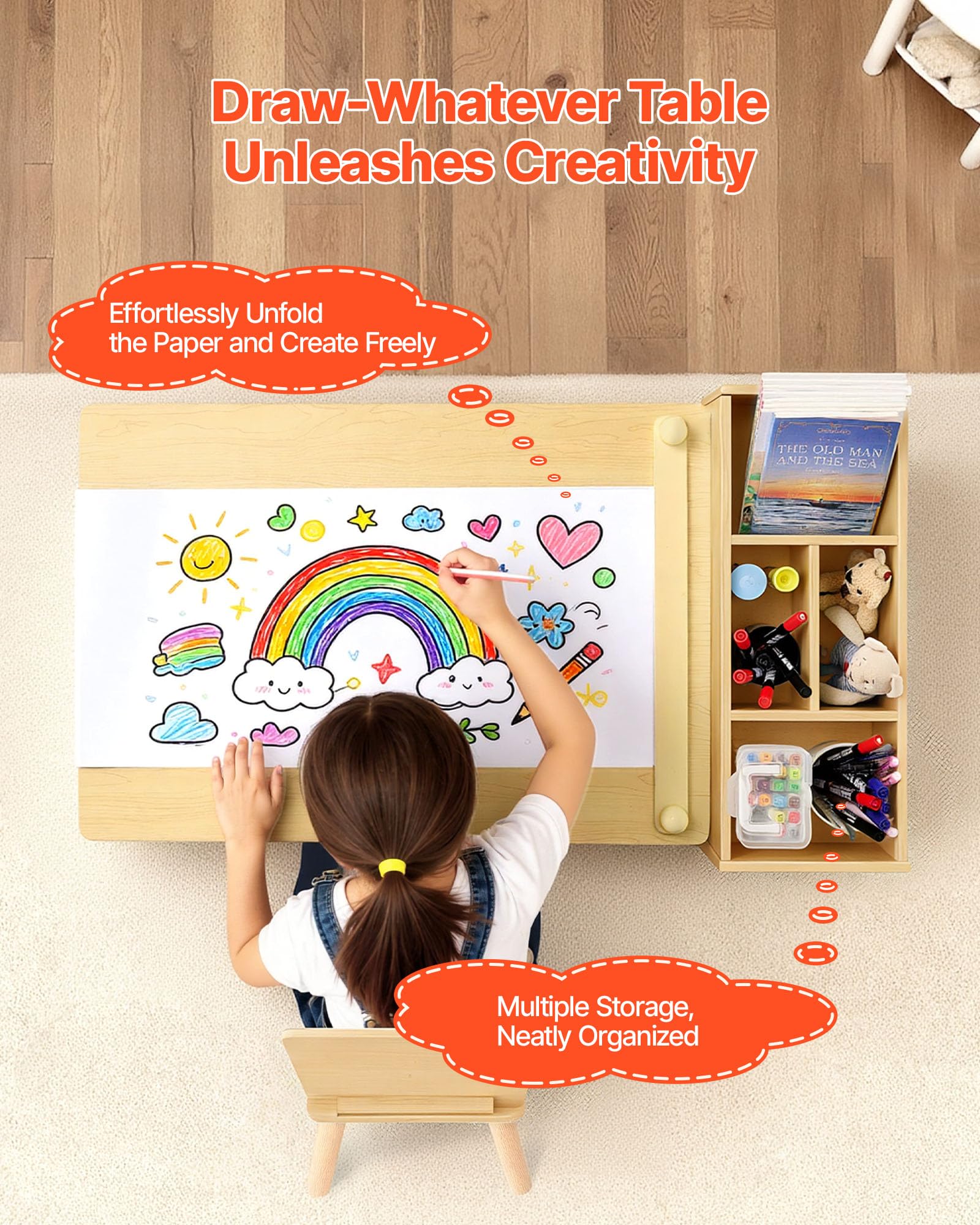 VEVOR Table d'art pour Enfants avec 2 Chaises, Bureau d'Activité avec Étagères de Rangement 3 Niveaux, Kit en Bois pour Tout-Petits, pour Lecture Dessin Bricolage Apprentissage Écriture, Bois Clair
