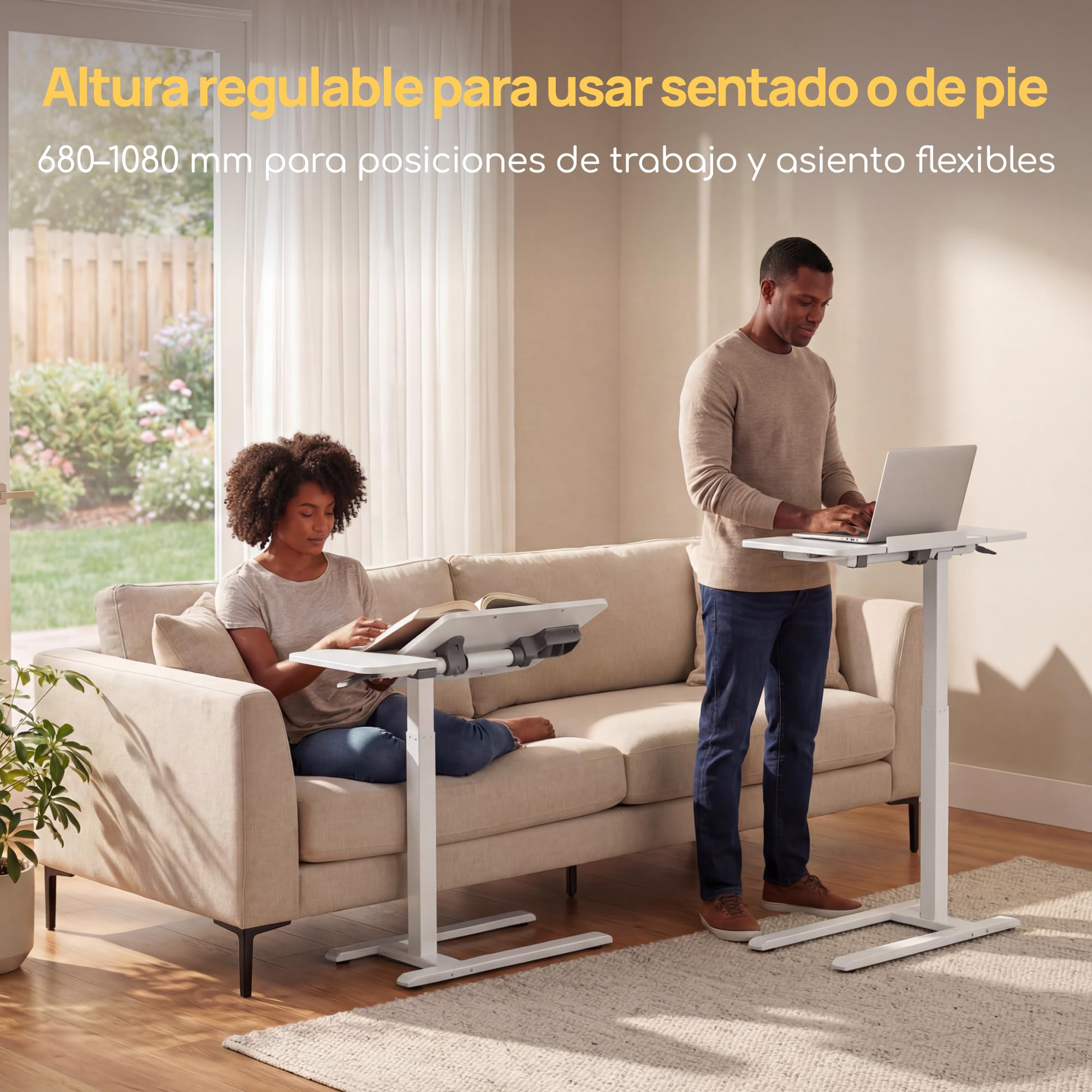 VIVIENDO Mesa Auxiliar para Cama con Ruedas, Blanco, Regulable en Altura 68–108 cm con Pistón de Gas, Mesa para Ordenador Portátil con Tablero Inclinable, para Cama, Sofá y Oficina, 70 x 40 cm