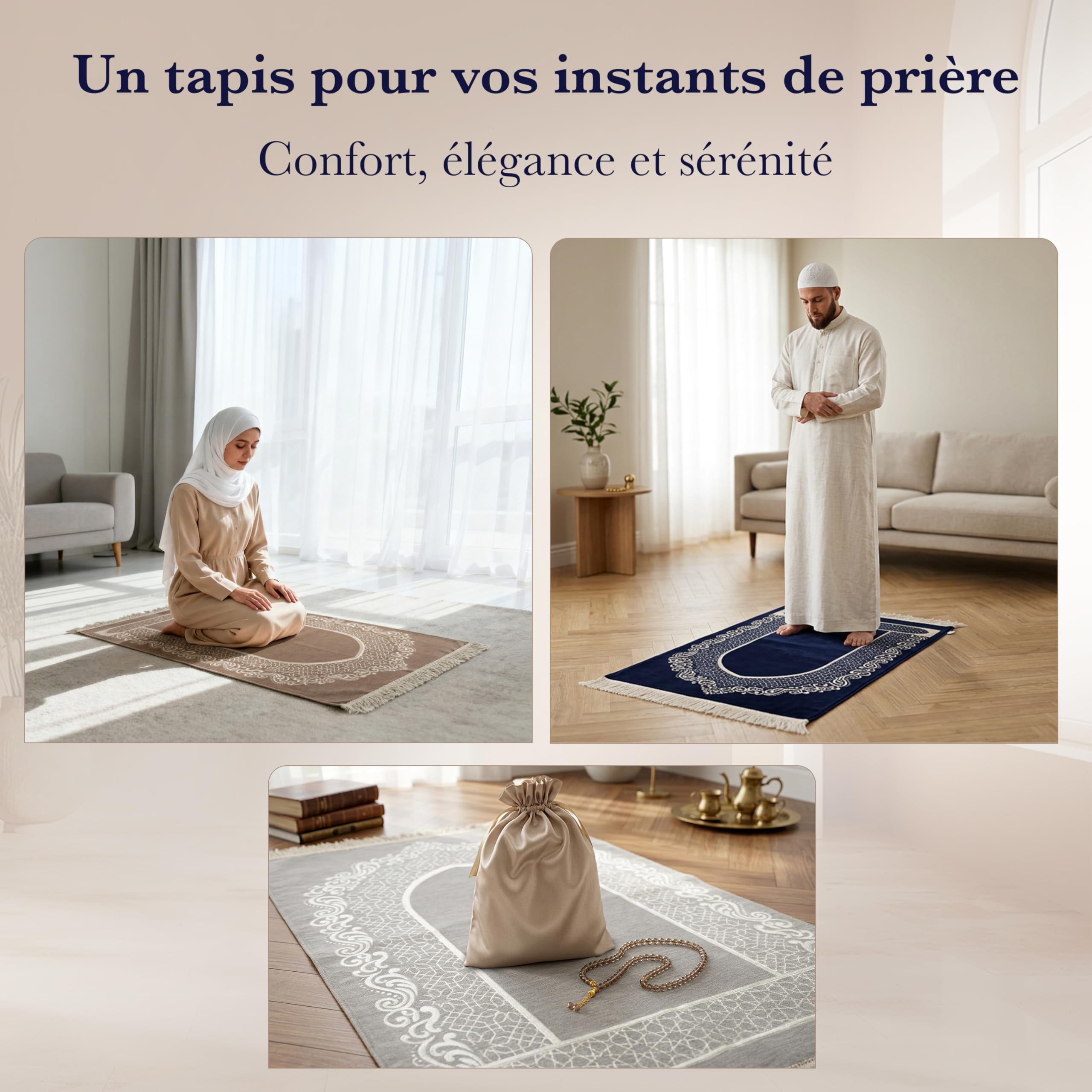 Tapis de Prière Musulman 130 x 70 cm – Velours Doux, Motifs Brodés, Épaisseur 0,4 cm, Tapis Prière Islam Élégant avec Tasbih et Housse (Bleu Nuit)