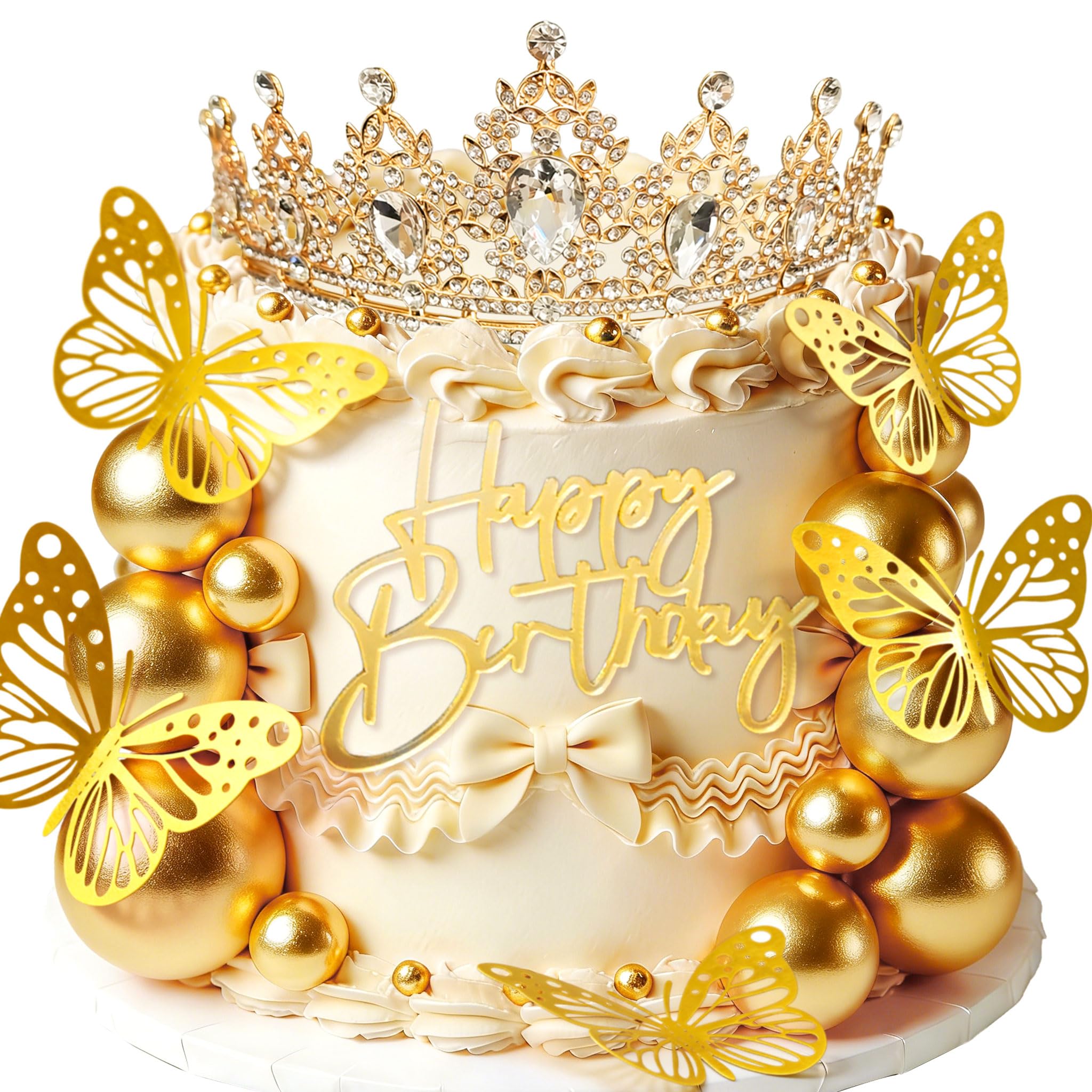 Gold Crown Cake Topper Gold Balls Cake Decor Crown Birthday Gold Butterfly Sign for Birthday Baby Shower