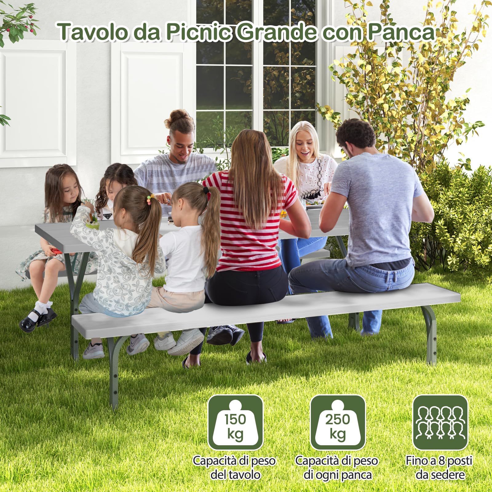 GYMAX Set Tavolo e Panche da Picnic per 8 Persone, Tavolo Picnic da Esterno con Foro per Ombrellone Integrato, Piano Tavolo in HDPE Resistente a Tutte le Condizioni Atmosferiche (Grigio)
