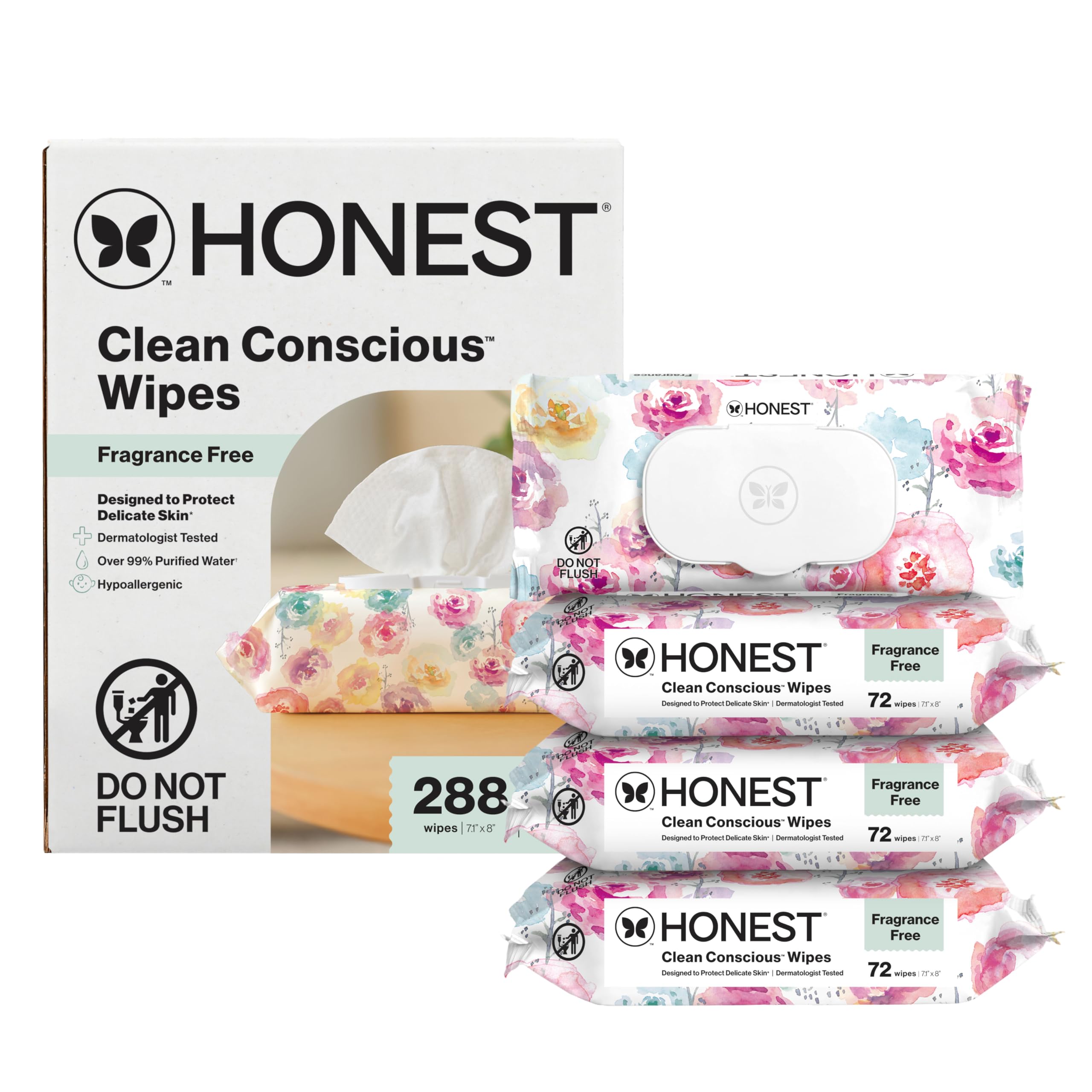 The Honest Company Hypoallergenic Multi-Use Baby Wipes for Sensitive Skin, Rose Blossom, 288 Count
