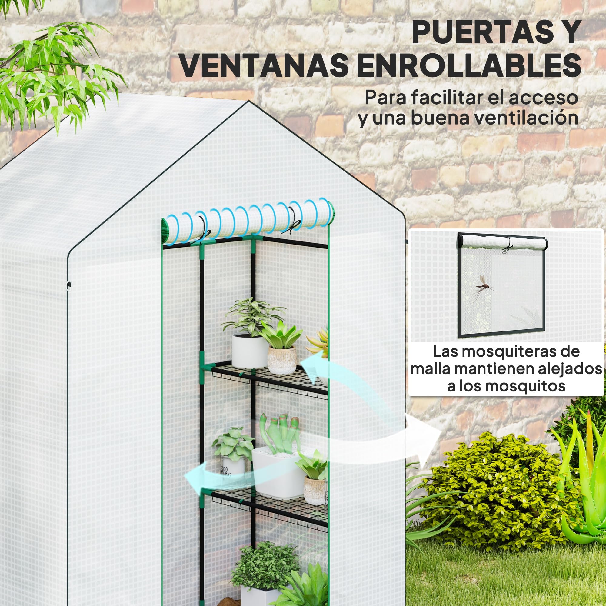 Outsunny Invernadero de Exterior Invernadero Pequeño de 3 Niveles con 6 Estantes Puerta Enrollable Cubierta de PE y Marco de Acero para Cultivos Plantas Flores 143x74x190 cm Blanco
