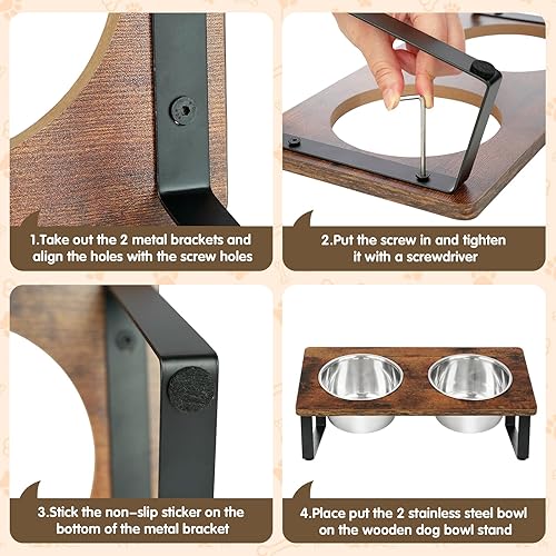 Miniatura 7 de Cuencos elevados para perros pequeños y medianos de madera con 2 cuencos profundos de acero inoxidable para alimentos y agua, antivómitos, platos de