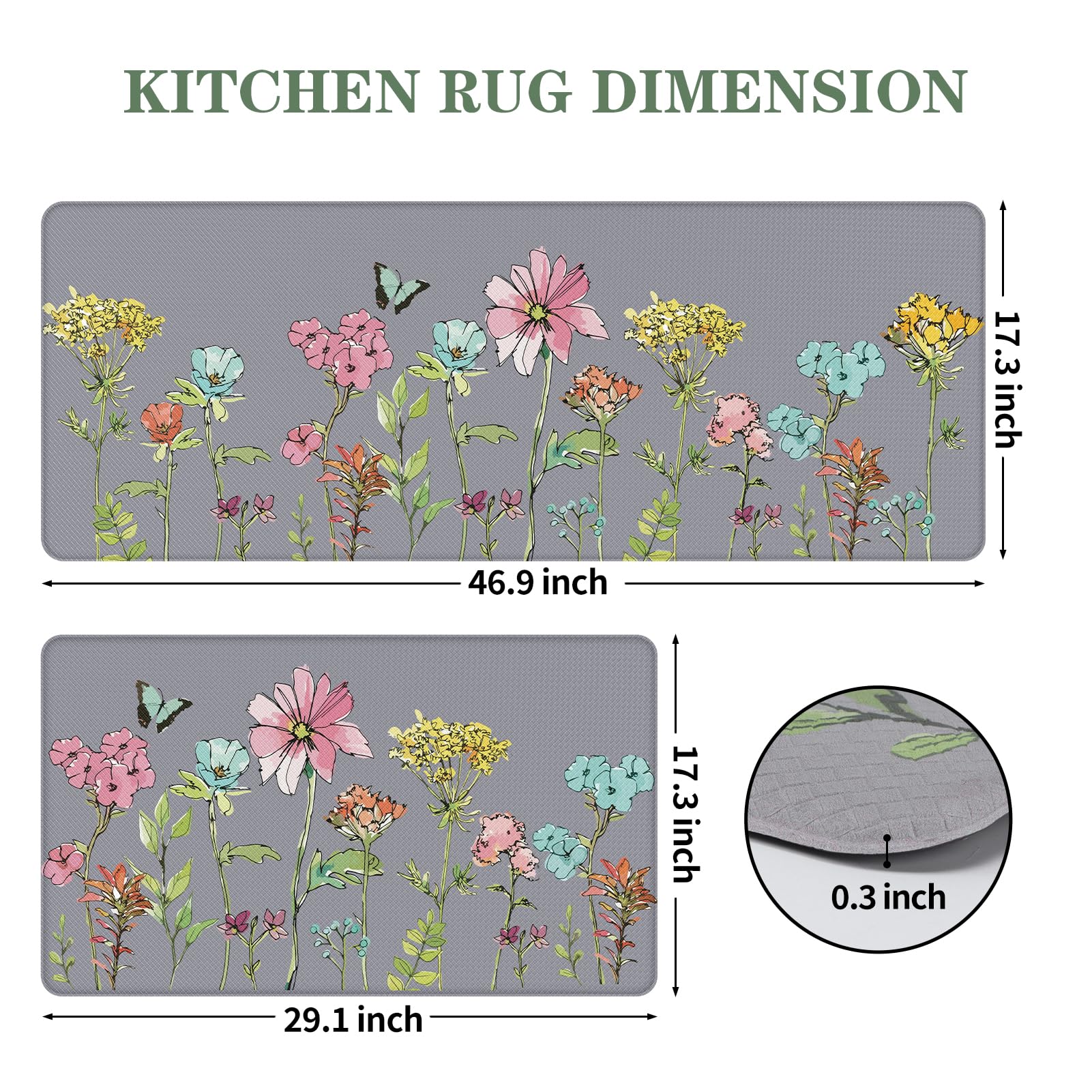 Lot De 2 Tapis De Cuisine Antidérapants - Motif Floral Papillon Lavable