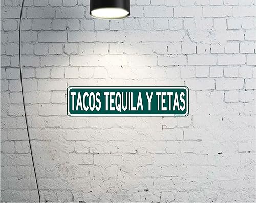 Miniatura 3 de Tacos Tequilas Y Tetas Divertido Humor Mexicano Español 16" x 4" Letrero de calle Home Bar Humor Latino Decoración de pared