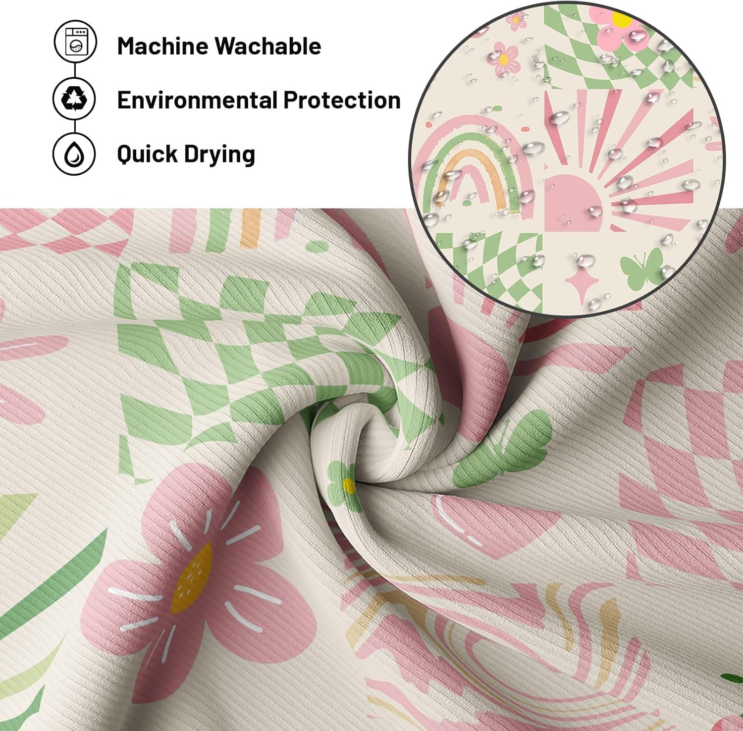 Retro Shower Curtain Cute Pink Y2k Groovy Girls Floral Bathroom Decor, Waterproof Cloth Fabric with Hooks 60" W x 72"