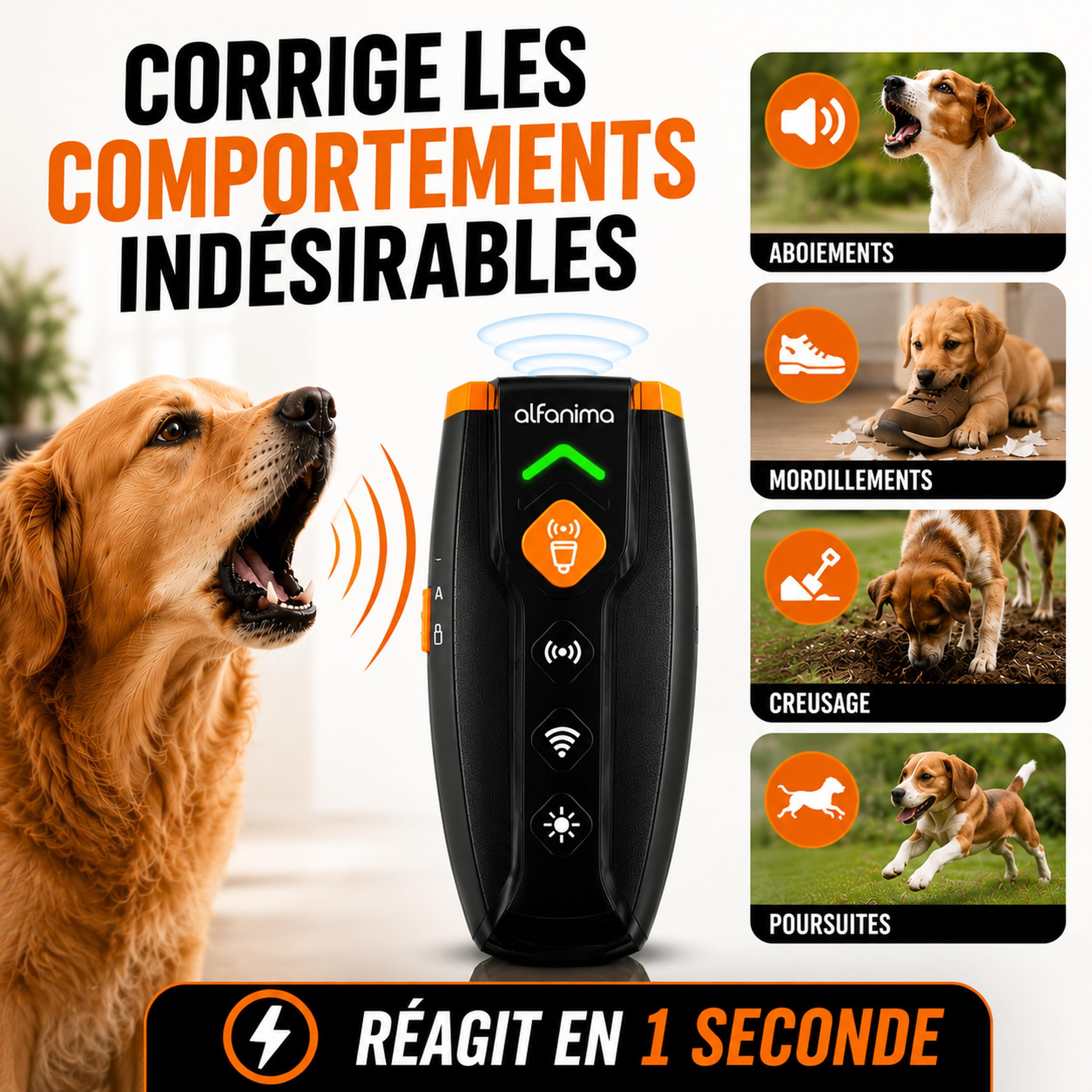 Anti Aboiement Chien Ultrason Puissant, Dispositif Portable de Contrôle des Aboiements et de Dressage, Alternative Humaine aux Colliers Électriques, Portée 10 m, Sifflet, Lampe LED et Recharge USB-C