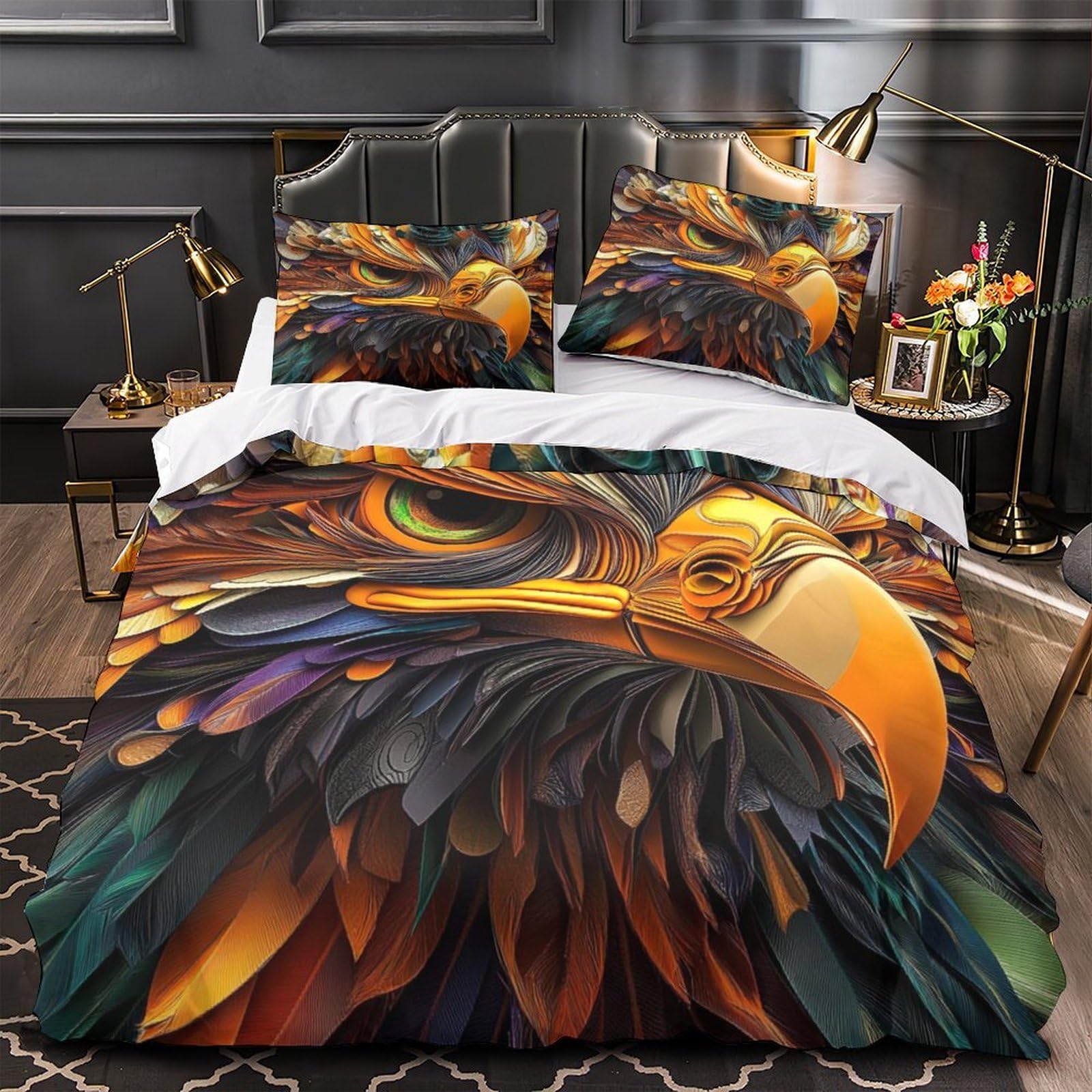 Housse de couette aigle 3D en microfibre avec taies d'oreiller lit simple