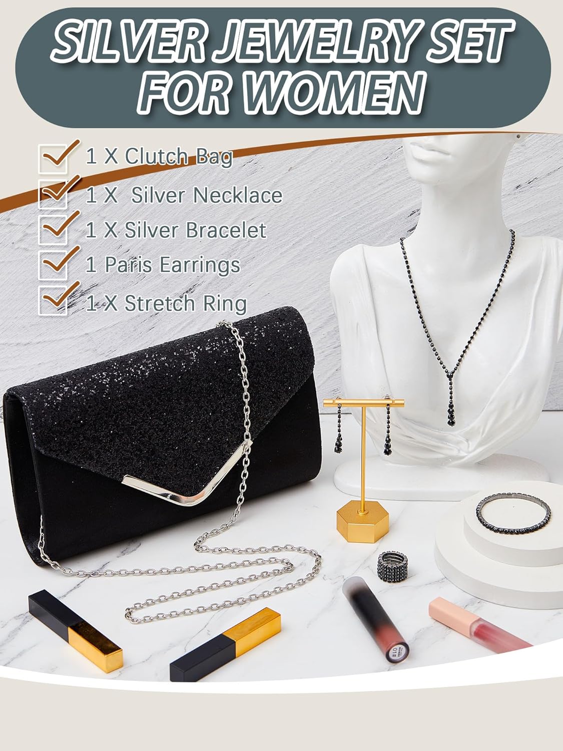 Henoyso 5 Pcs Purse Rhinestone Jewelry Set Prom Jewelry Rhinestone Clutch Purse Necklace Earrings Bracelets for Wedding Women Bride - Image 4