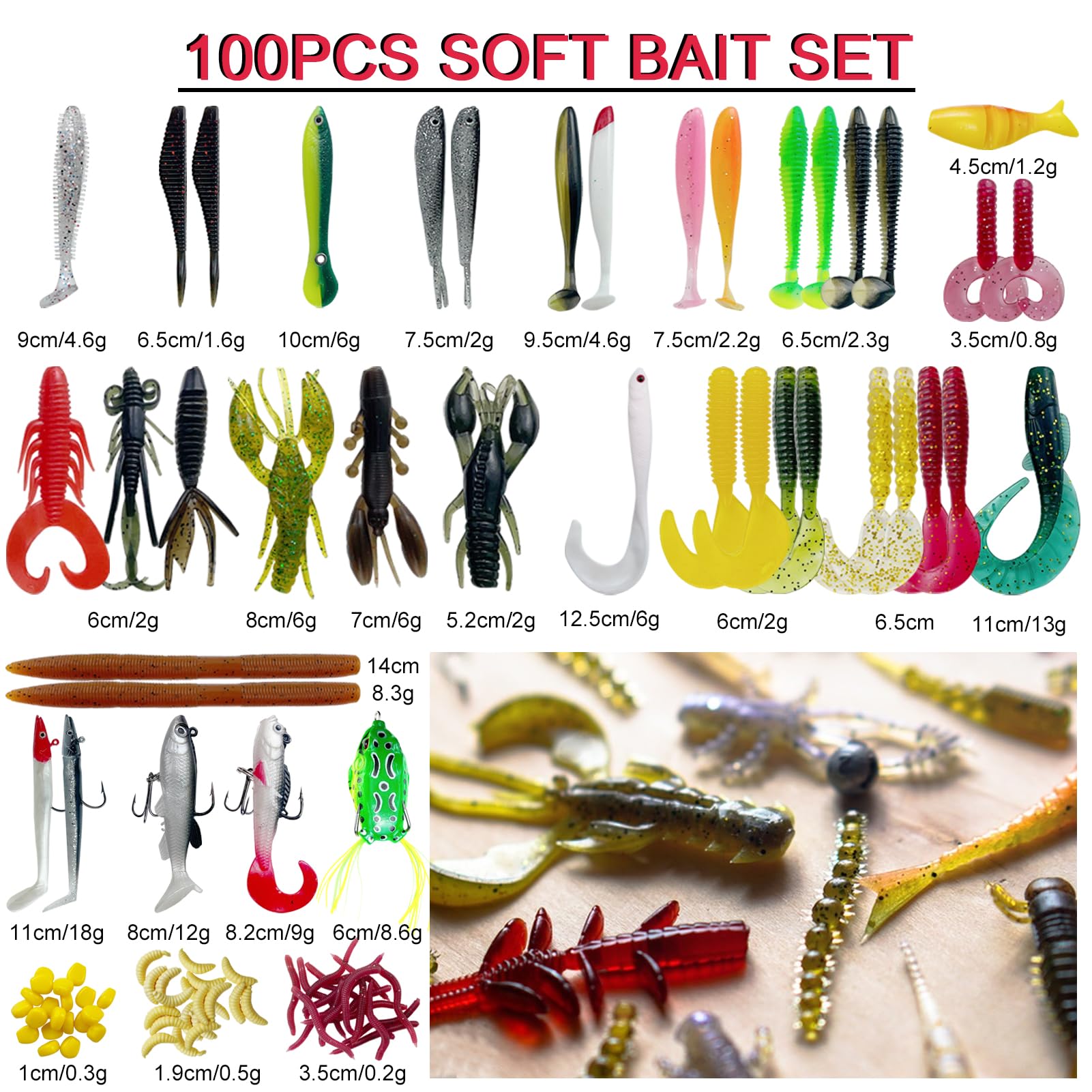 Kit di esche da pesca da 353 pezzi, include esche morbide, pesciolini, crankbait, spinnerbaits, cucchiai, piombi, girelle, esche da pesca per acqua dolce e salata