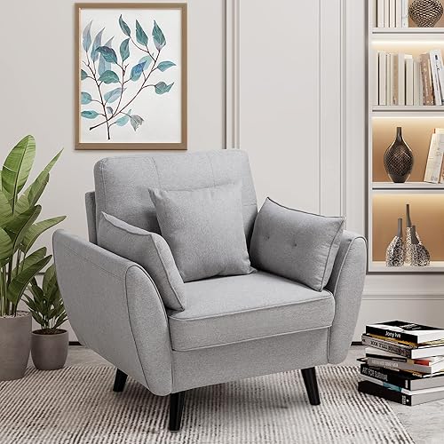 Shintenchi 38" Small Modern Accent Arm Couch Sofa，Linen Fabric Upholstered Single Sofa Chair Furniture for Small Space,Living Room, Apartment with 2 Pillow, Easy Assembly,Light Grey