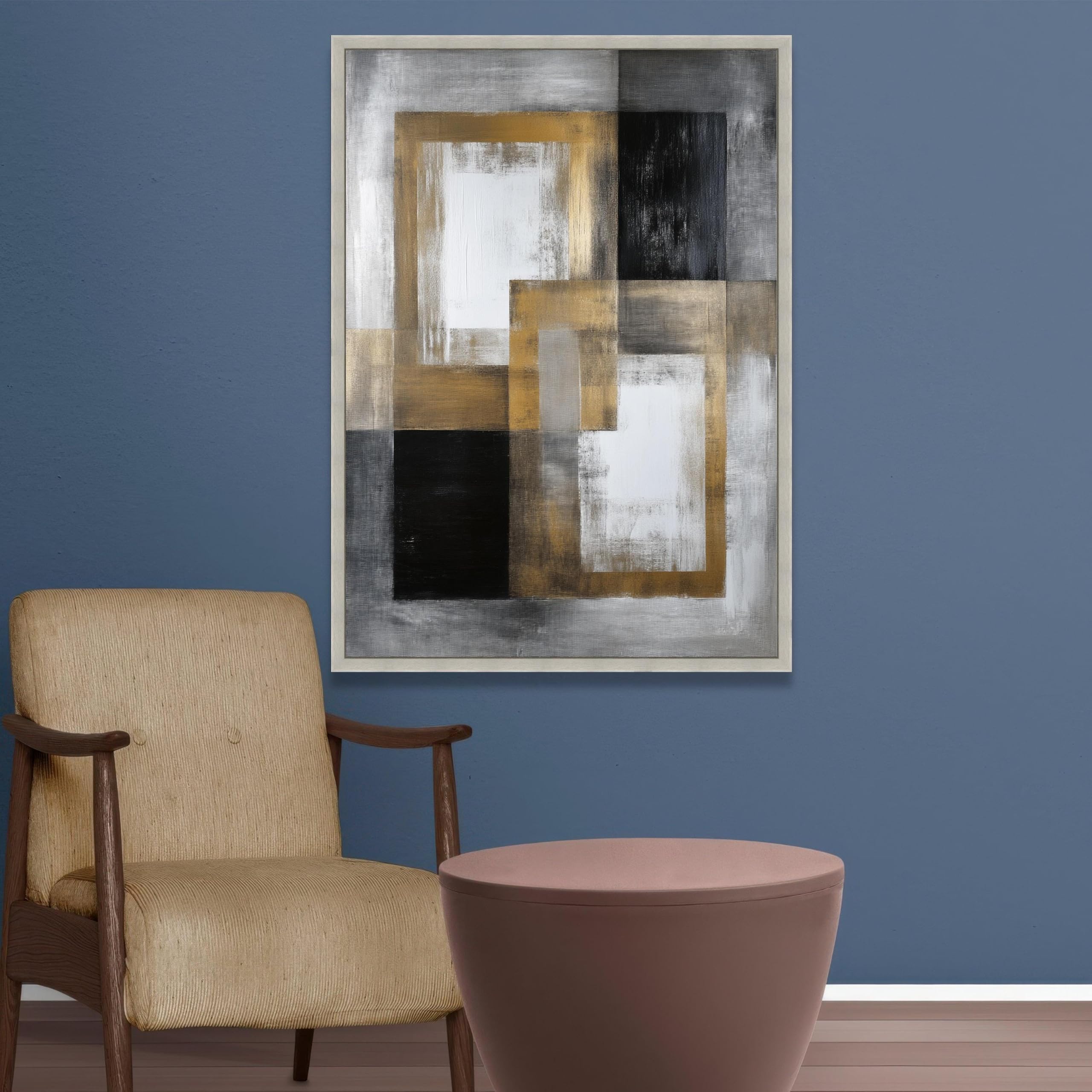 XINBAO Abstrakcyjny geometryczny obraz na płótnie, złote, czarne i białe kwadraty, nowoczesna dekoracja mieszkania, gotowy do zawieszenia (50 x 75 cm/bez ramki)