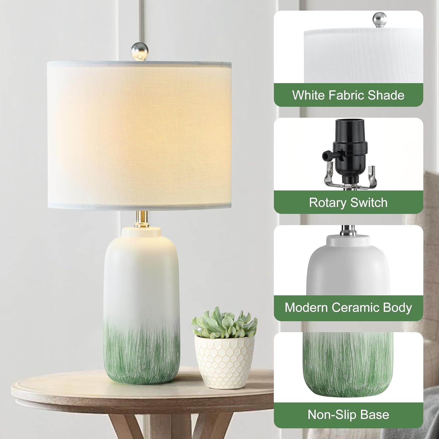 24" Green Table Lamps Set of 2 - Modern Ceramic Bedside Lamps for Night Stands, 3 Way Dimmable Green End Table Lamps for Living Room Bedroom