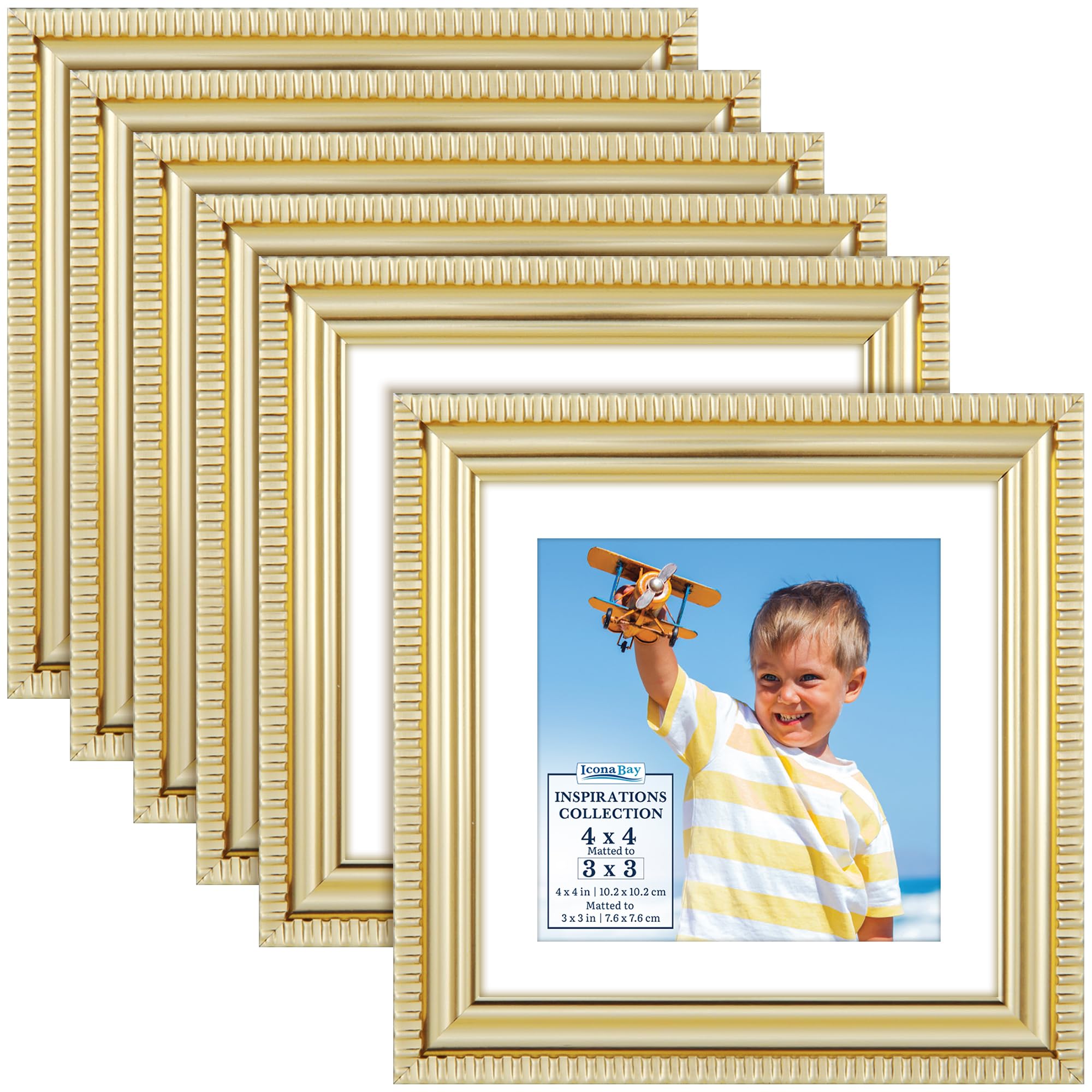 Icona Bay - 4x4 Picture Frames with Removable Mat for 3x3 Photos - Gold, 6 Pack - Beautifully Detailed Molding - Contemporary Picture Frames - Wall Mount or Table Top - Inspirations Collection โ image 1
