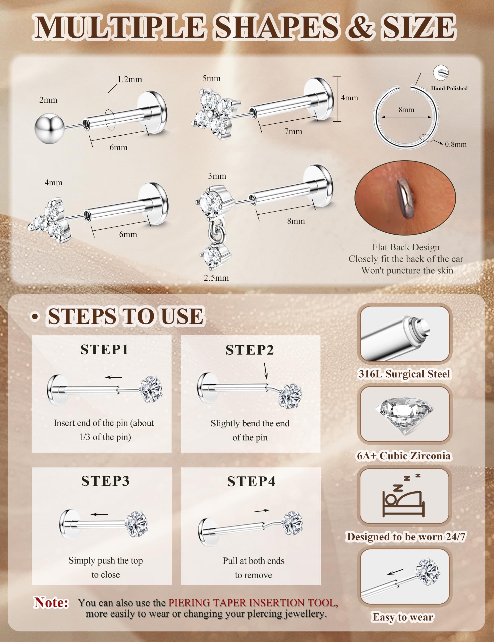 16G/18G/20G Chirurgenstahl Tragus-Piercing-Schmuck, Labret-Piercing-Schmuck, gewindelose, eindrückbare Nasenstecker, Tragus-Ohrringe, Flache Rückseite, Tragus-Ohrstecker, Lippe,