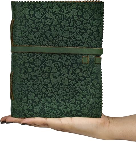 Miniatura 7 de LEATHER VILLAGE Diario floral en relieve encuadernado en cuero para mujeres y hombres, 200 páginas, 6 x 4 pulgadas (A6), verde - Libro de las
