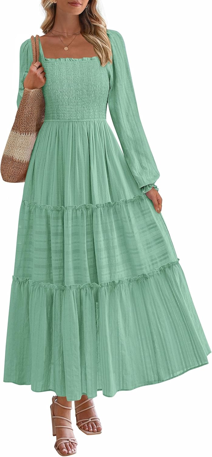 PRETTYGARDEN Fall Dresses for Women 2025 Casual Long Sleeve Smocked Ruffle Flowy Elegant Wedding Guest Maxi Dress Pockets