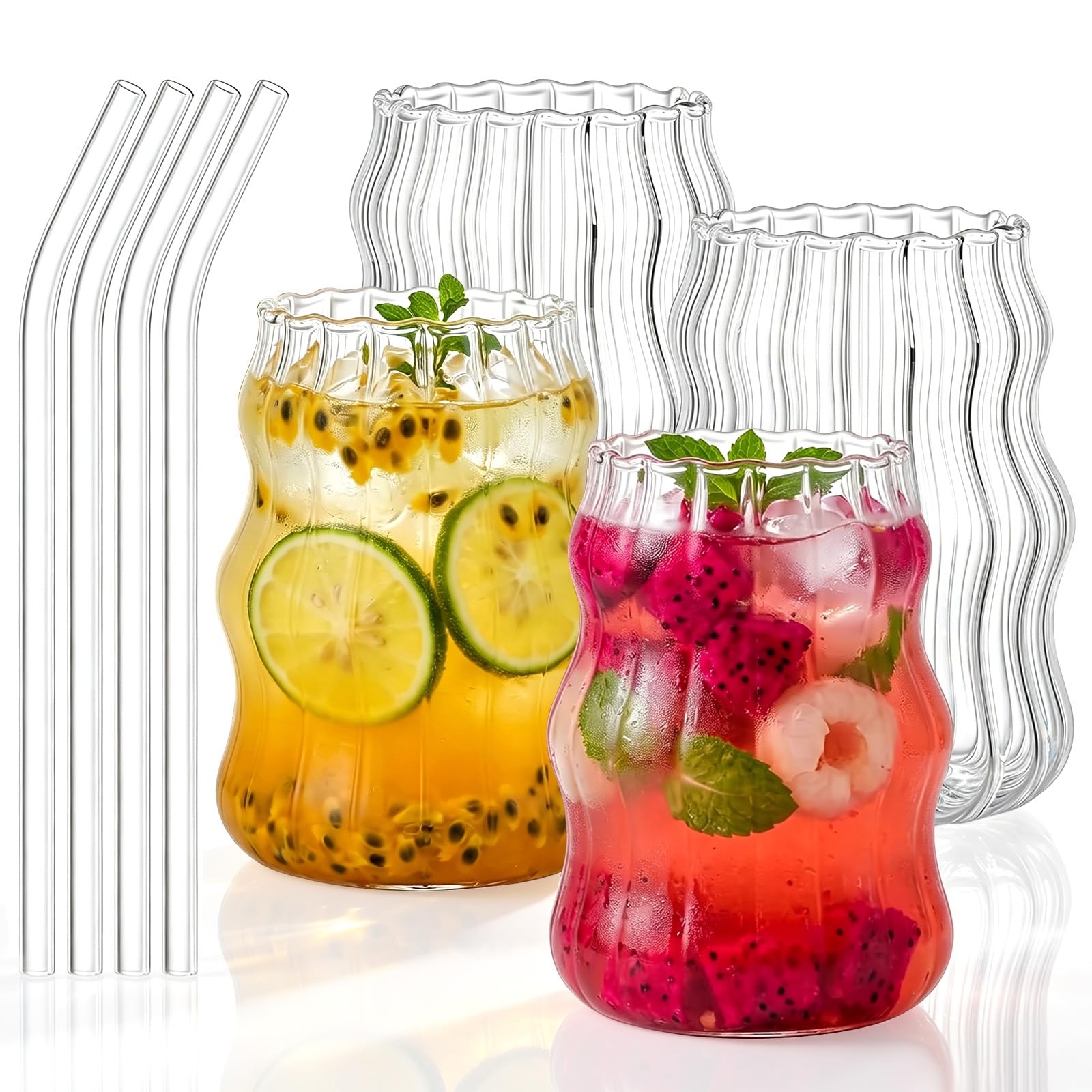 CAIYUANGUANGJIN 4Pcs Glass Cups with Straws, 500ml Borosilicate Clear Iced Coffee Mugs, Wave Pattern Ribbed Glasses Matcha Cup for Bubble Tea Juice Smoothies Cooktail Dishwasher Safe