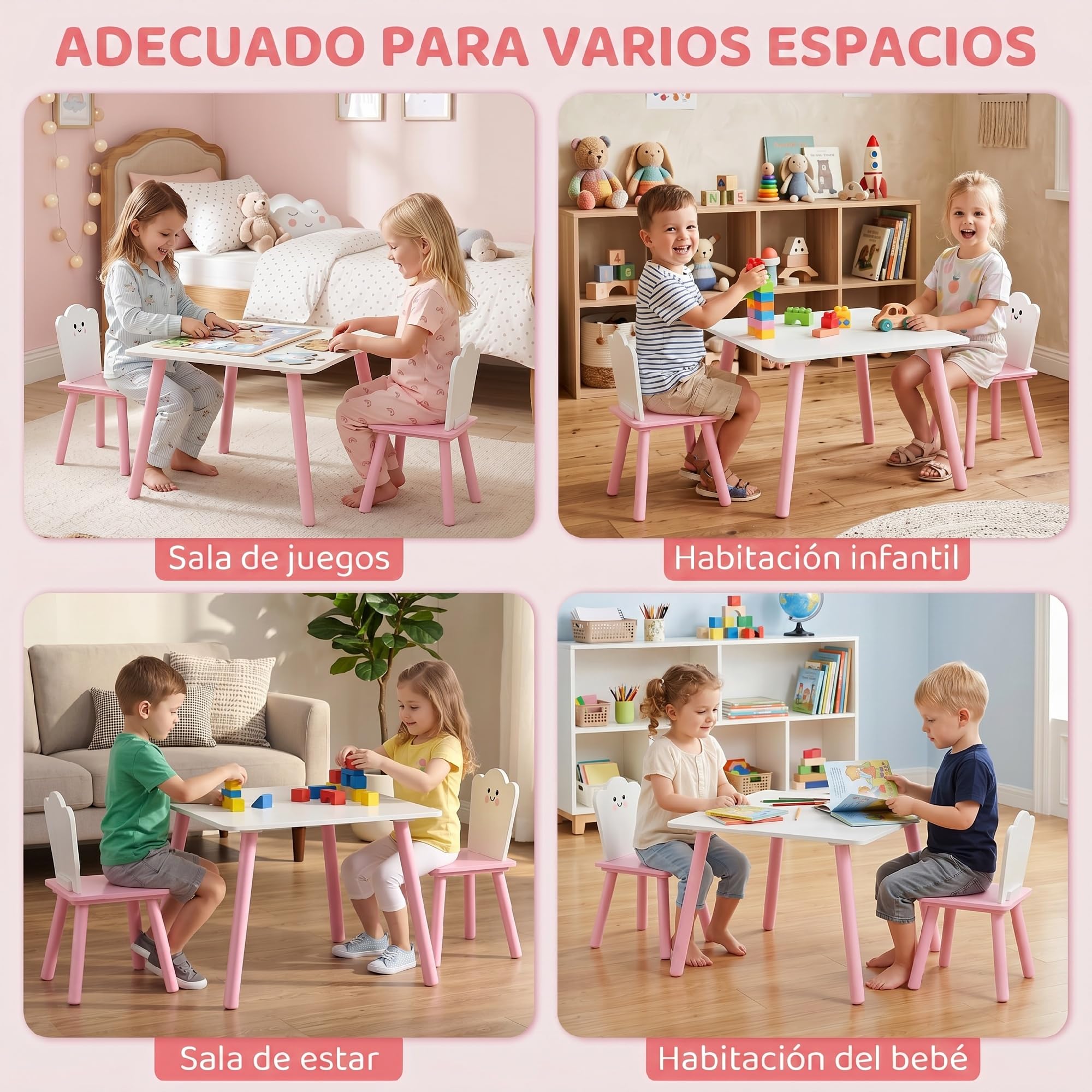 AIYAPLAY Mesa Infantil con 2 Sillas, Patas de Madera, para 3-6 Años, Rosa | Mesa y Sillas Infantil, Tema Algodón de Azúcar, para Niños y Niñas, para Hogar, Guardería, Aulas