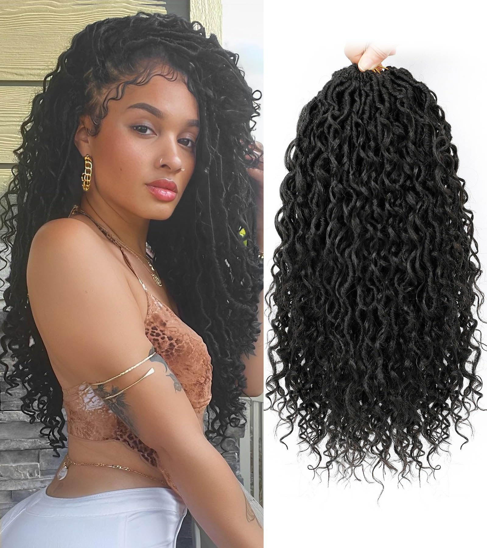 Col Bling Goddess Locs Crochet Hair for Black Women 14 Inch, 8 Packs Faux Locs Crochet Hair, Boho Style River Locs Hair with Curly Ends (14Inch, 1B, 8Packs)