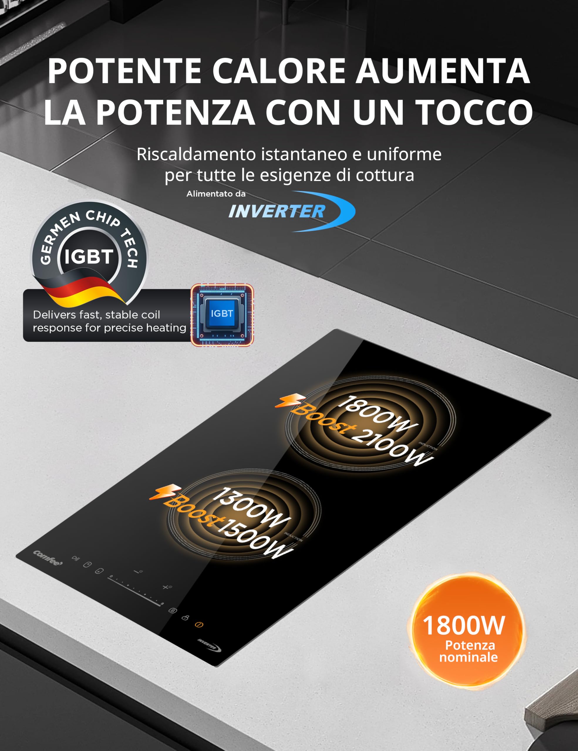 COMFEE' CIH351D257K0 Piano Cottura a Induzione Incorporato con 2 Zone di Cottura, 9 Livelli di Potenza, Area Riscaldamento più Ampia del 20% con Funzione Boost, Controllo Touch, Blocco Bambino