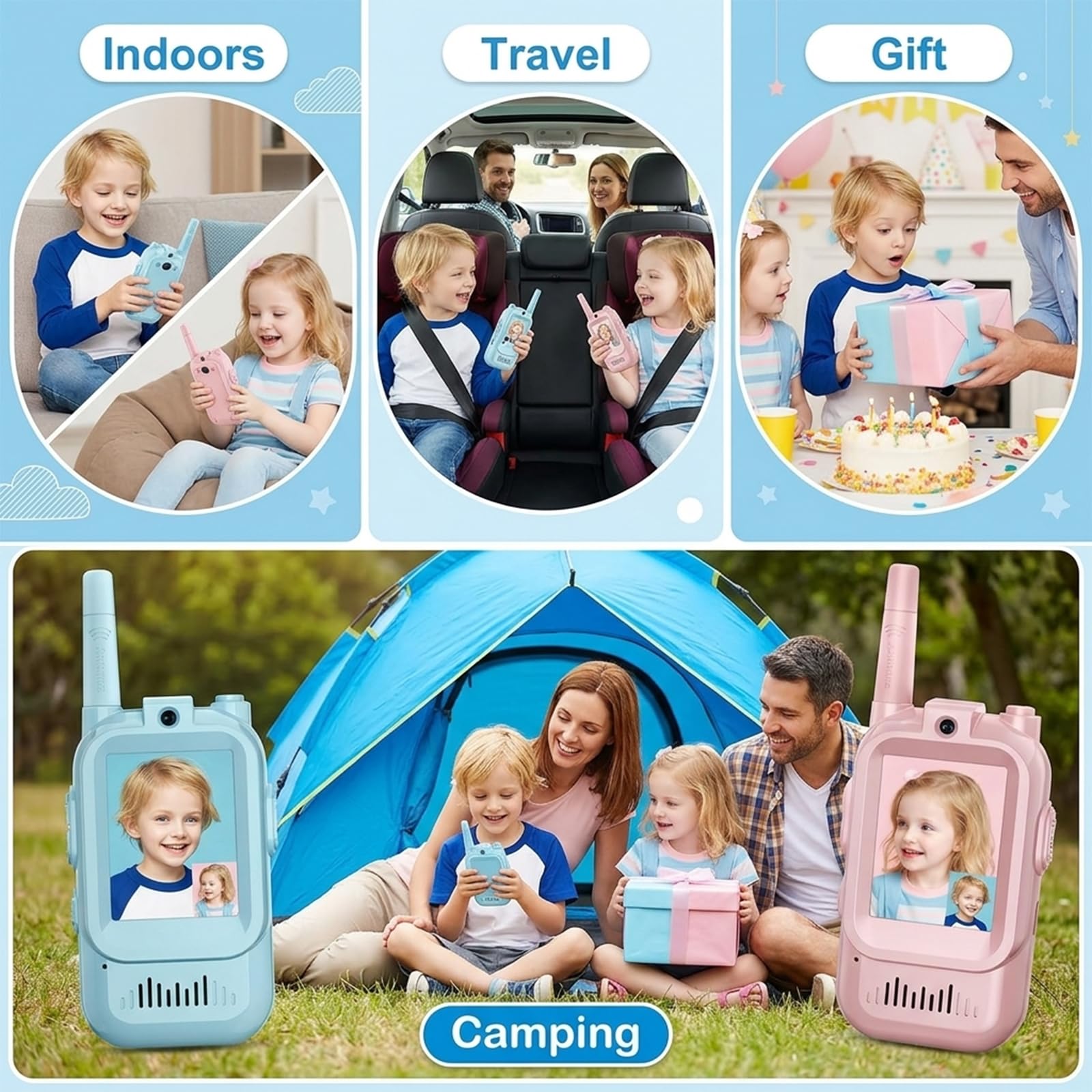 Video Walkie Talkie Niños con Cámara, Set de 2, 4 Efectos de Voz, Alcance 300m, Recargable USB-C, Pantalla LCD, Regalo Cumpleaños para Niña Niño 6-10 Años, Camping Excursión