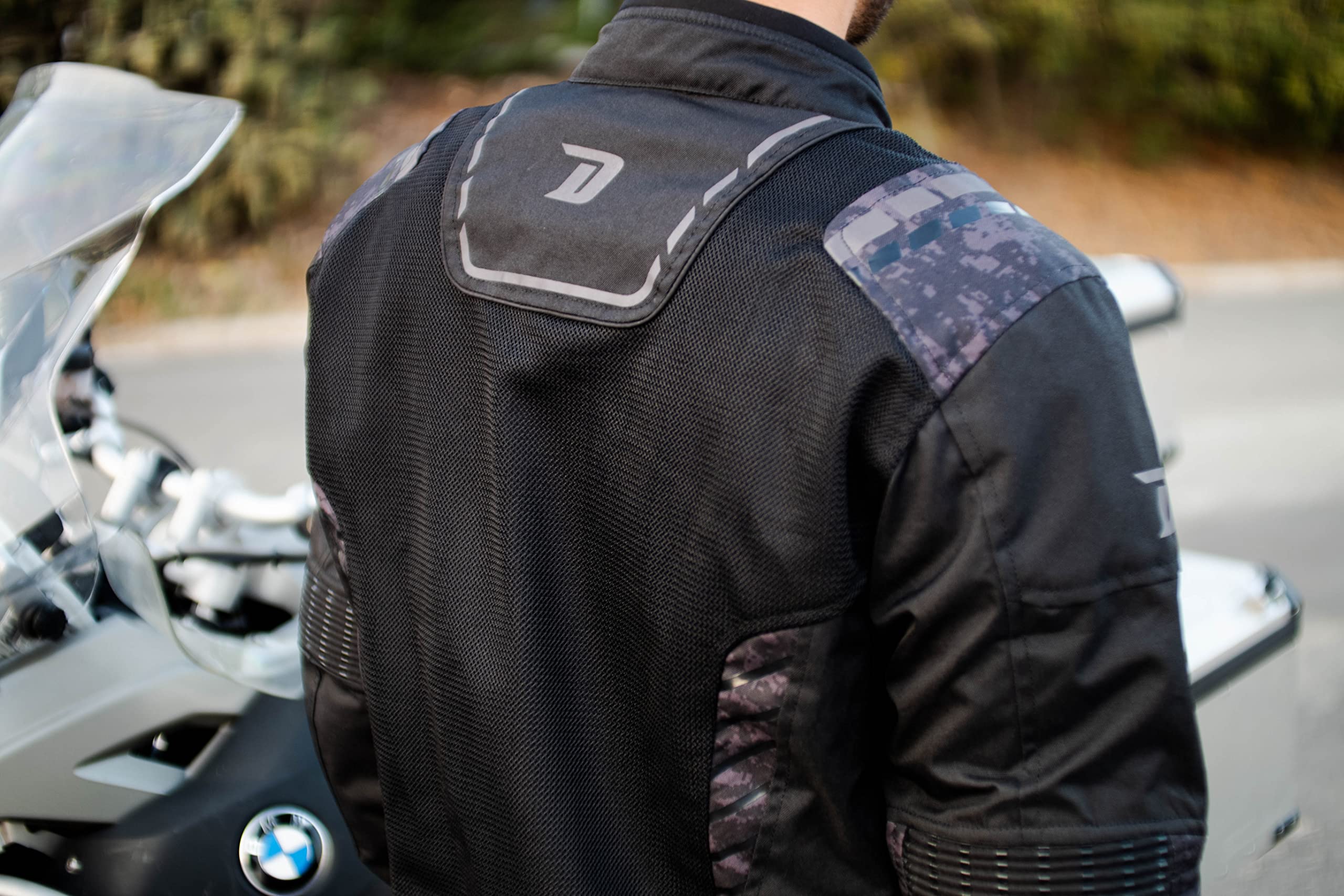 BREEZE EVO | Kurtka motocyklowa męska z ochroną - Oddychająca kurtka przeciwdeszczowa z wentylacją - Odzież motocyklowa - Kurtka Motera - Rozmiary (S-6XL), Czarny Camo, L