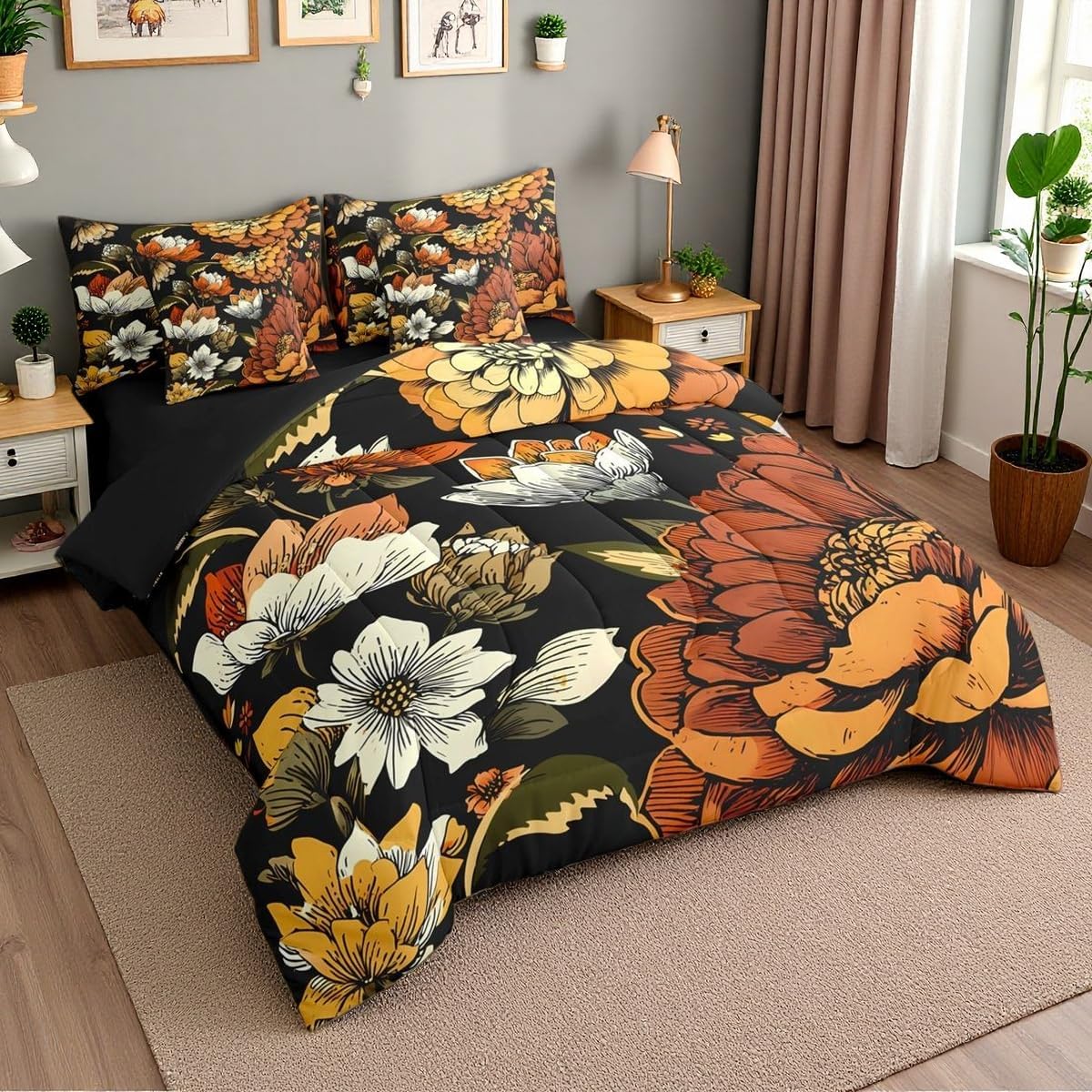Erosebridal Boho Floral Bed in A Bag 7 Pcs Bohemian Flower Botanical Comforter Set for Kids Girls Rustic Farmhouse Floral Bedding Sets Full Abstract Mid Century Flowers Sheet Set with Comforter