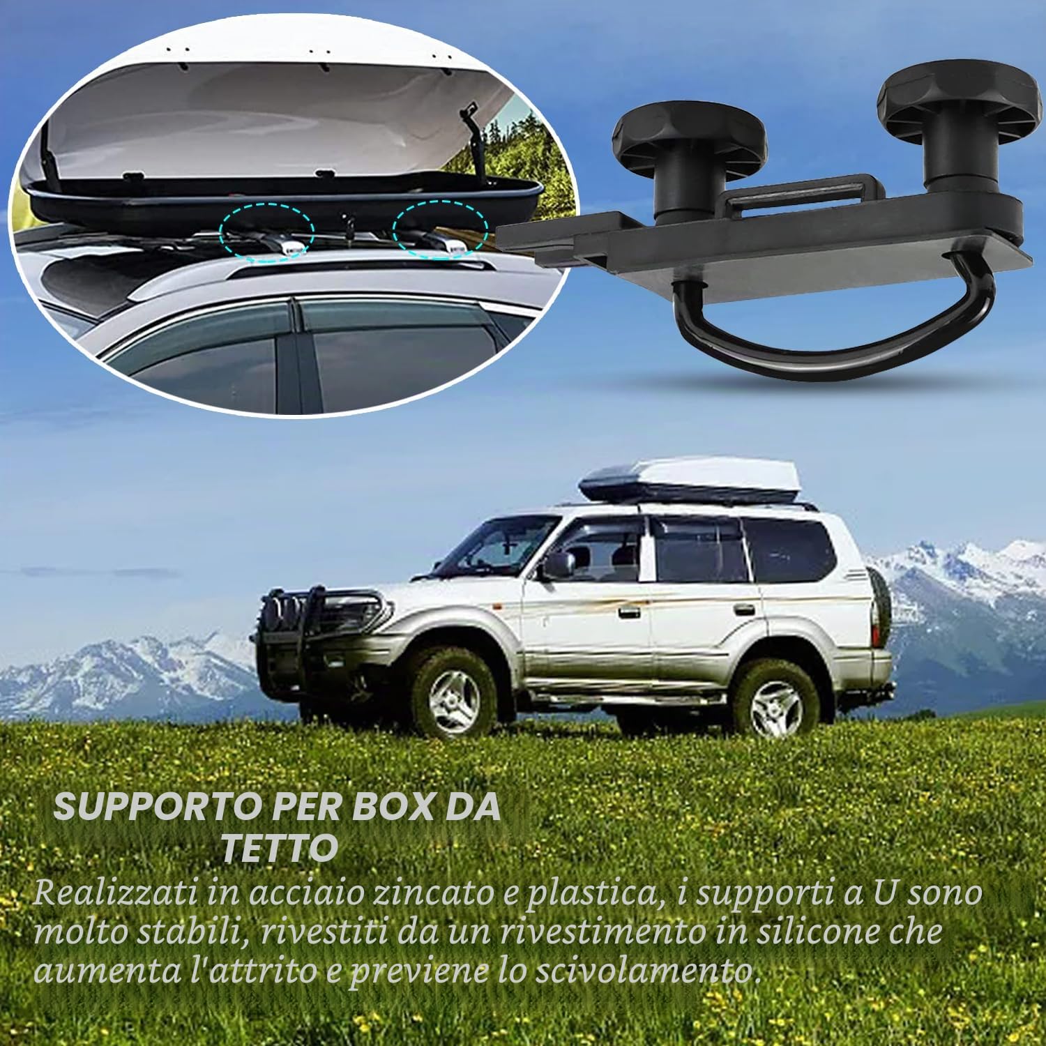 4 set di fissaggio per box da tetto, staffa U universale, auto/furgone, viti U, 85 mm, set accessori installazione 8 dadi sicurezza 2 bende rotonde
