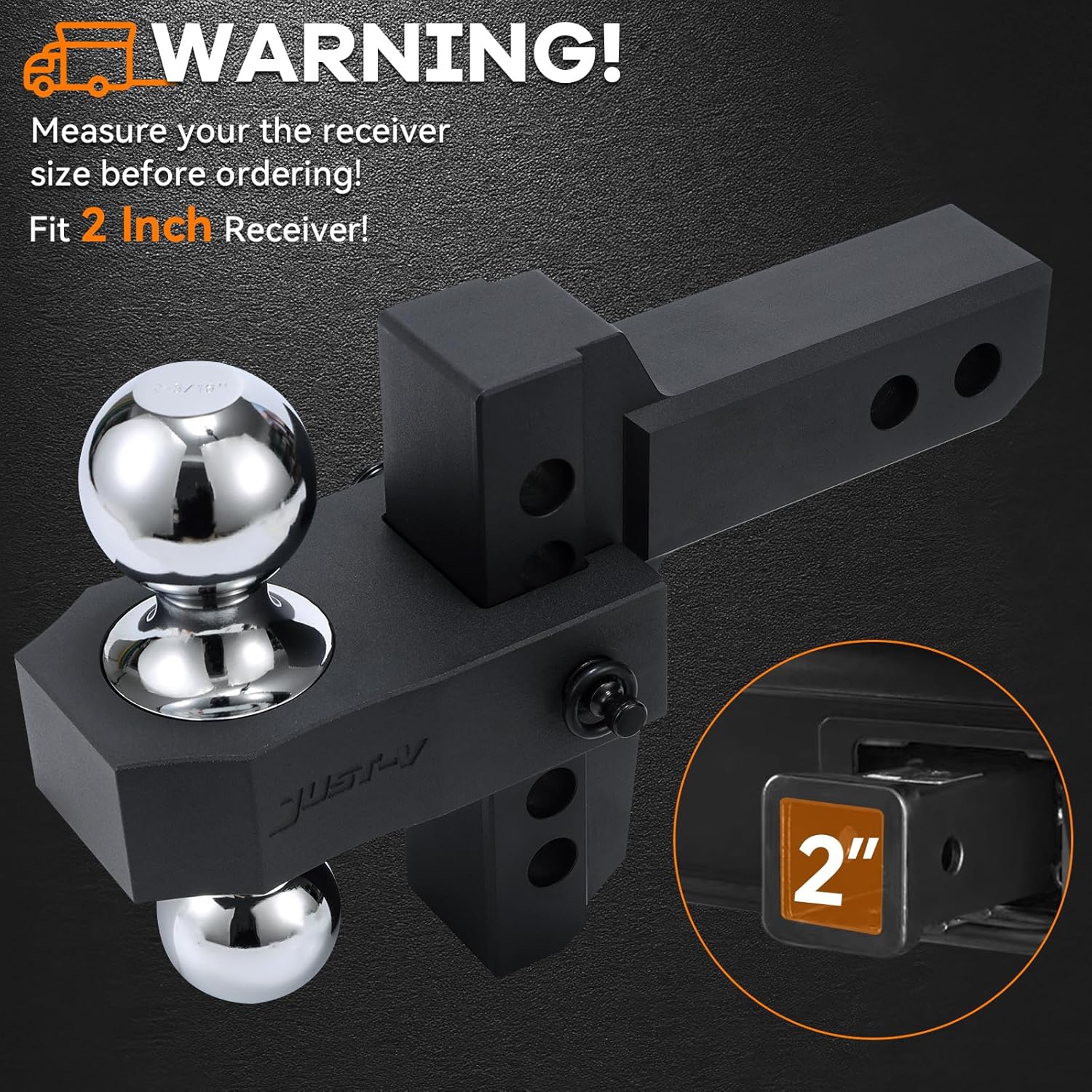 Just-V Adjustable Trailer Hitch Fits 2-Inch Receiver, 6-Inch Drop & Rise Heavy Duty Aluminum Tow Hitches Hitch 12,500 LBS GTW with Dual Ball with 4 Silencer Pads 2 Locking Hitch Pin, (Black)