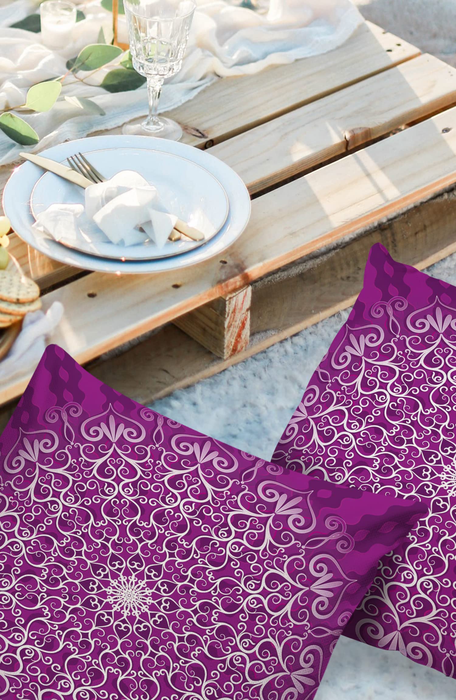 Edwiinsa Outdoor Pillow Covers Waterproof, White Waves Floral Line Mandala Pattern All Weather Cushion Case Set of 2, Purple Round Plants Decor Decorative Pillowcases for Sofa Couch Bed Patio 16