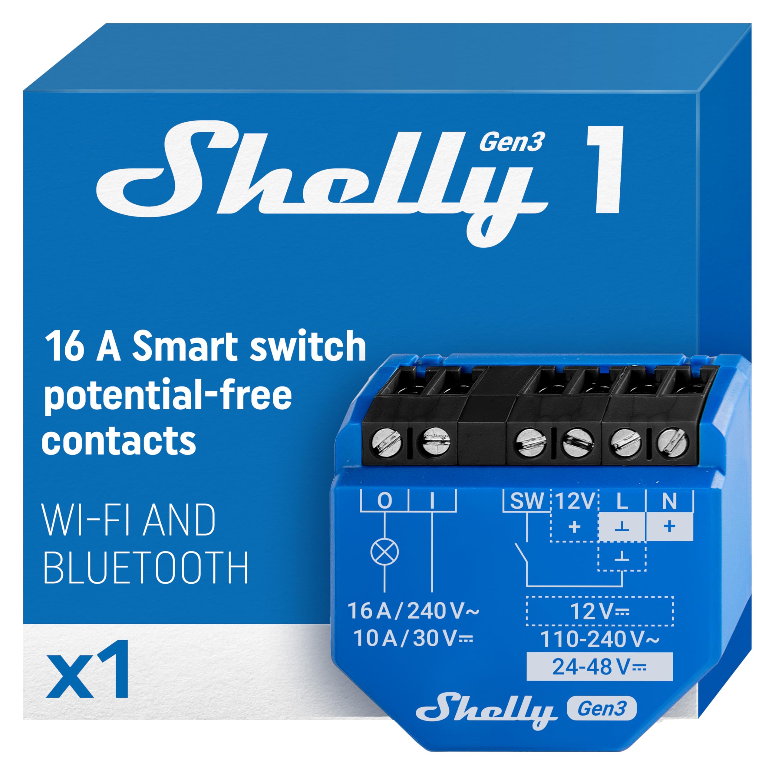 Shelly Shelly 1 Gen3 - Interrupteur connecté Wi-Fi à contacts secs, 1 canal - 16A, Commande à distance éclairage par app, Compatible avec Alexa et Google Home, Aucun Hub Requis, Puce Shelly 8MB
