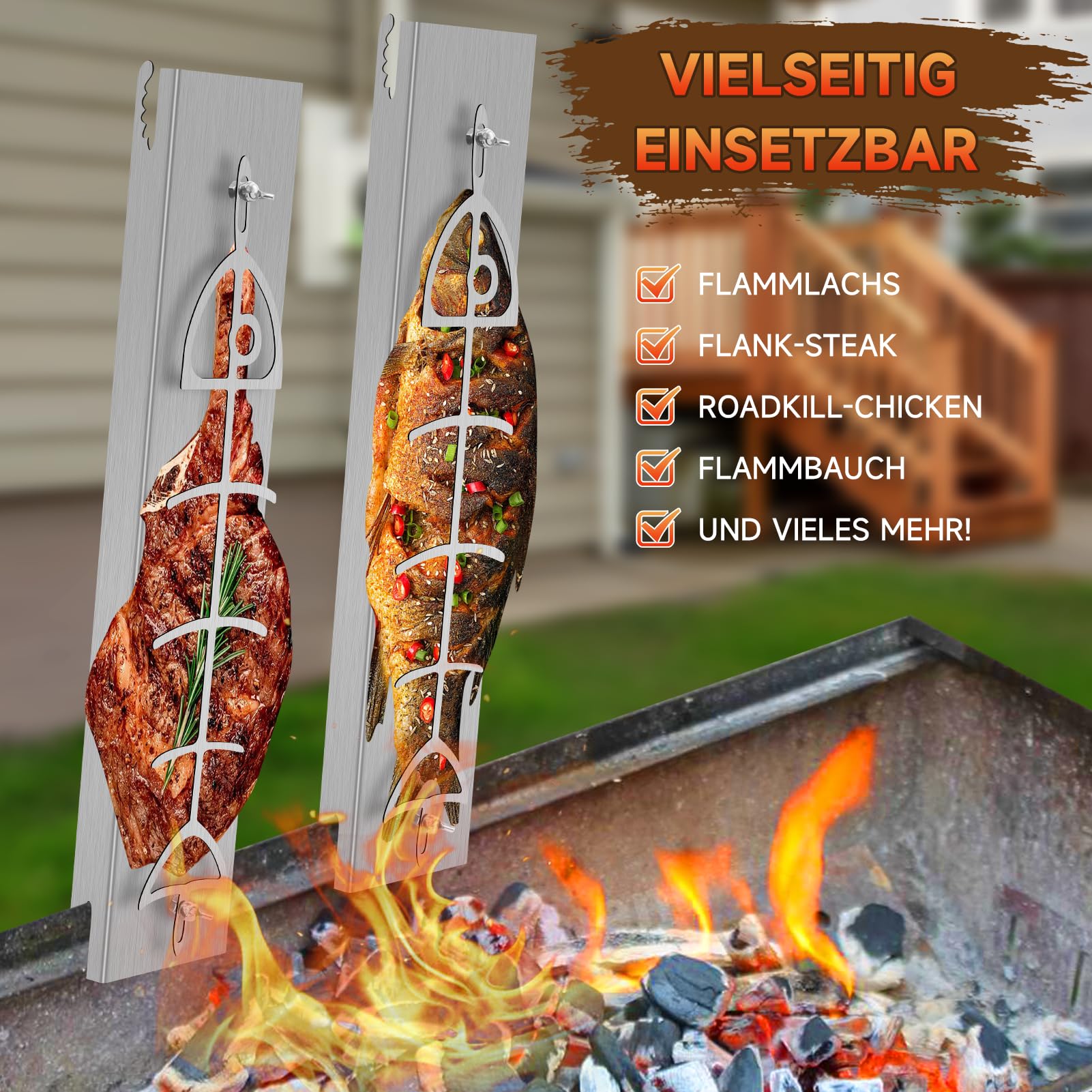Tagliere per salmone alla fiamma in acciaio inox per braciere e barbecue a sfera, braciere da fuoco, bracieri | Tagliere per salmone alla fiamma con supporto, funzione di rotazione a 180°