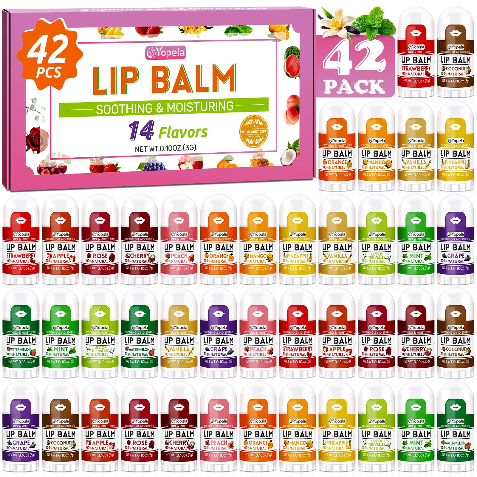 Yopela Mini Lip Balm Bulk 42 Pack, Natural Lip Balms with Vitamin E and Coconut Oil, Moisturizing and Nourishing Dry Cracked Lips,14 Flavors Chap Sticks Small Gift Party Favors for Kids Adults