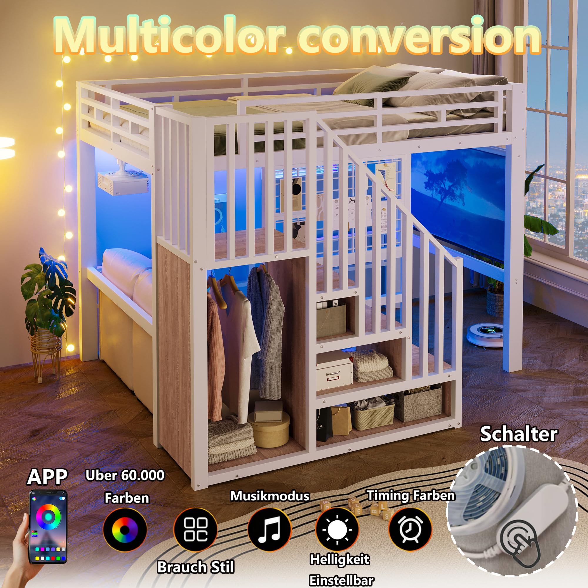 Azkoeesy Cama alta de metal con escalera de seguridad, barra para colgar, luces LED controlable mediante aplicación, panel de rejilla, ahorro de espacio, adolescentes y adultos (blanco, 140 x 200)
