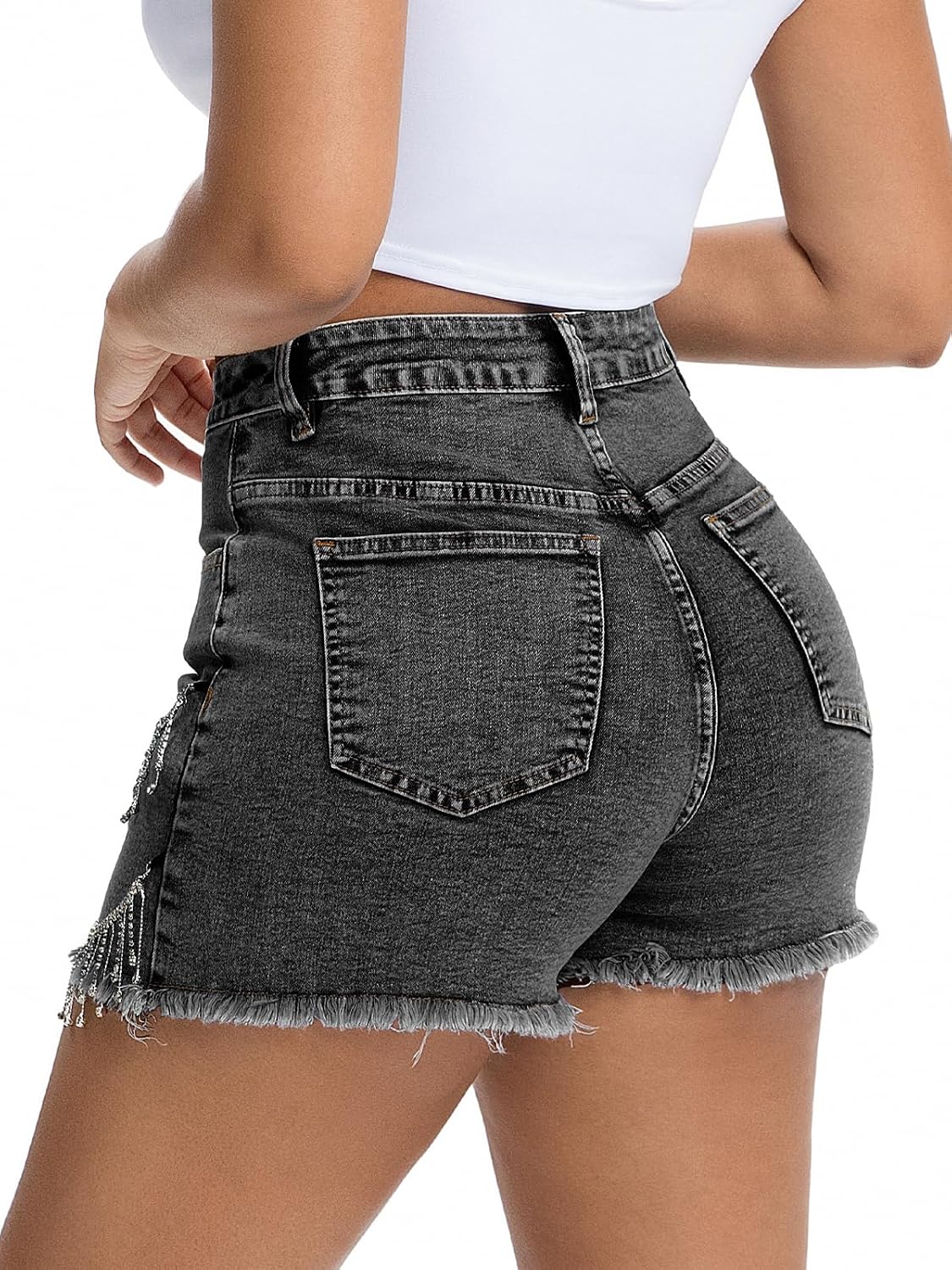 LifeShe Women Tassel Denim Short Rhinestone Pearl Beaded Fringe Jean Shorts