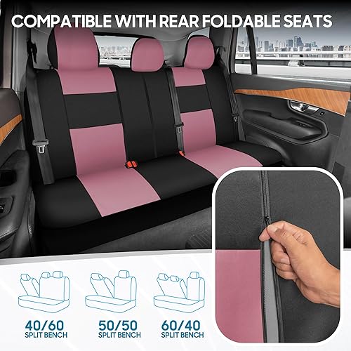 Miniatura 4 de BDK PolyPro - Juego completo de fundas de asiento de automóvil en rosa sobre negro, fundas de asiento dividido delantero y trasero para automóviles,