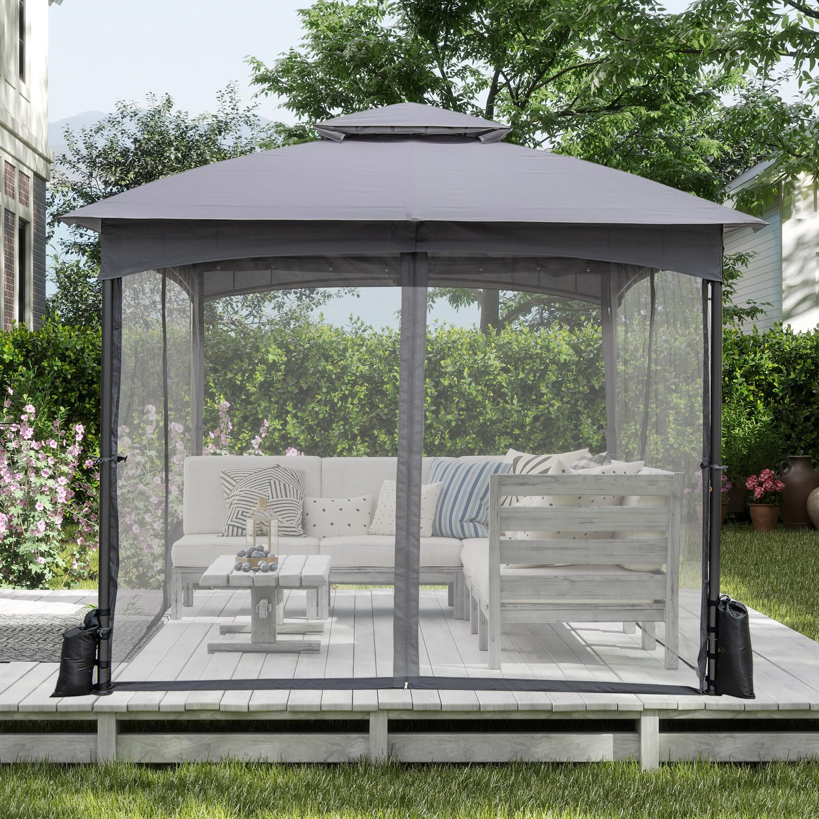COSTWAY Gazebo da Giardino 3 x 3 m, Gazebo Impermeabile con Rete Mesh Staccabile e Terro Ventilato a Doppio Strato, Tenda Regolabile in Altezza per Feste, BBQ e Picnic (Grigio)