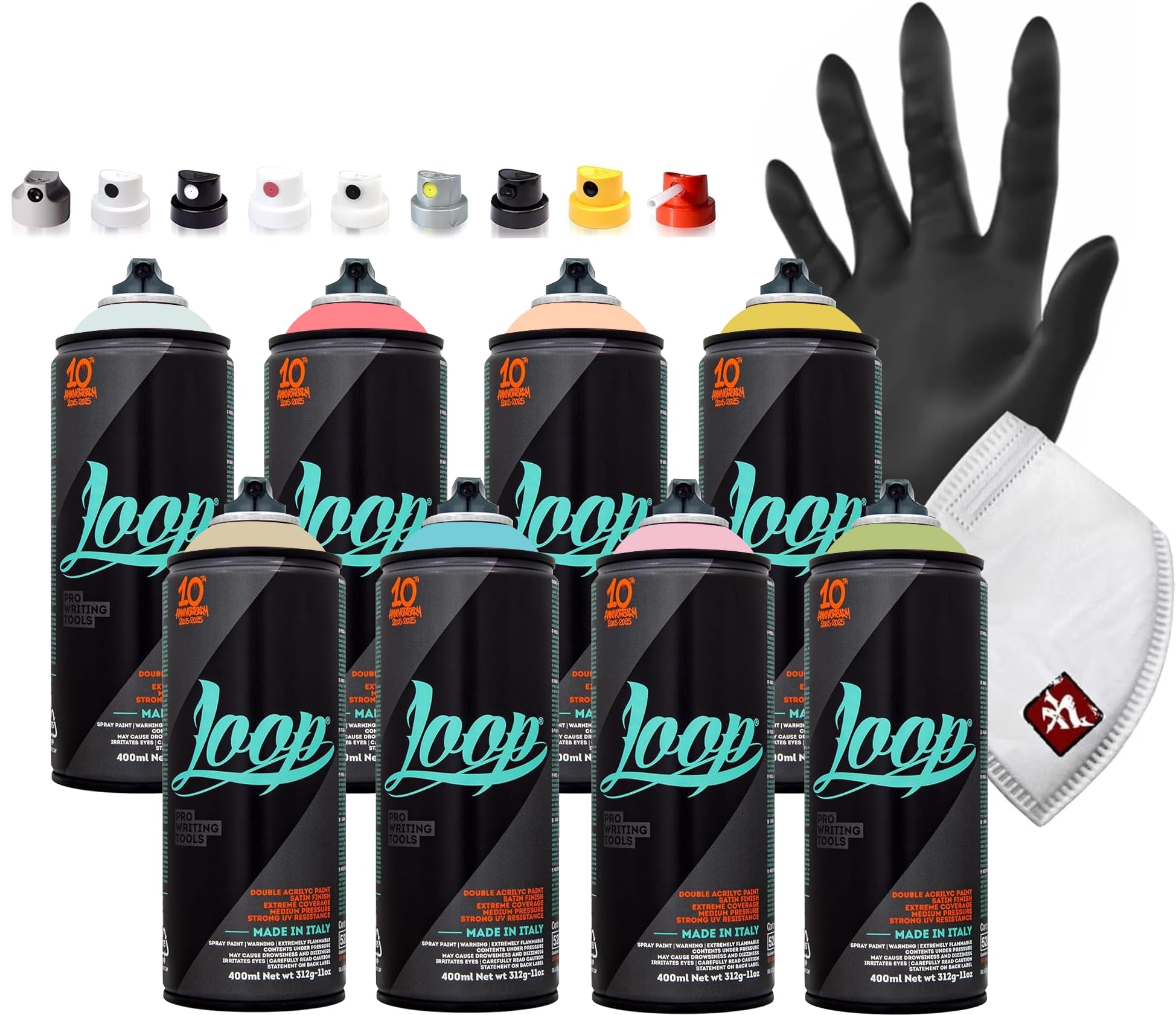 KLAMOTTEN STORE Set di bombolette spray Pastell – 8 x 400 ml + 10 testine di ricambio spray colorati Loopcolors