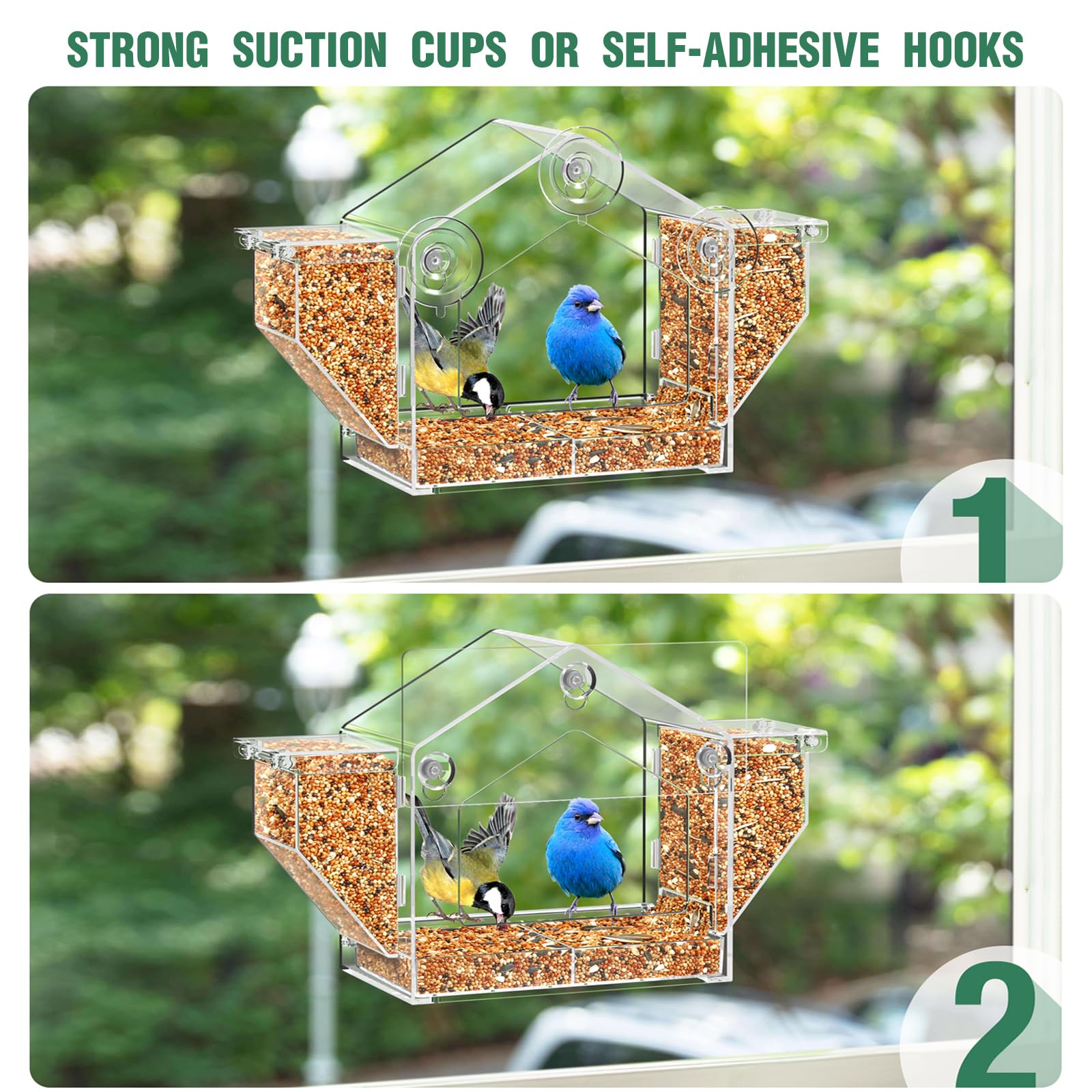 FLINTER Comedero para pájaros con ventana 2025, con ventana transparente para una visión más grande, comedero para pájaros con doble granero, comedero para pájaros a prueba de ardillas para gatos,