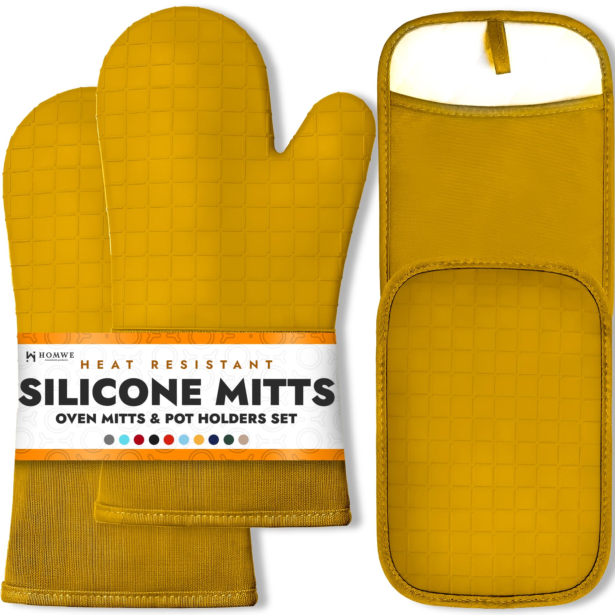 HOMWE Silikon-Ofenhandschuhe und Topflappen für Küche und Backen – Set mit 4 hitzebeständigen, robusten Kochhandschuhen mit rutschfestem, strukturiertem Griff