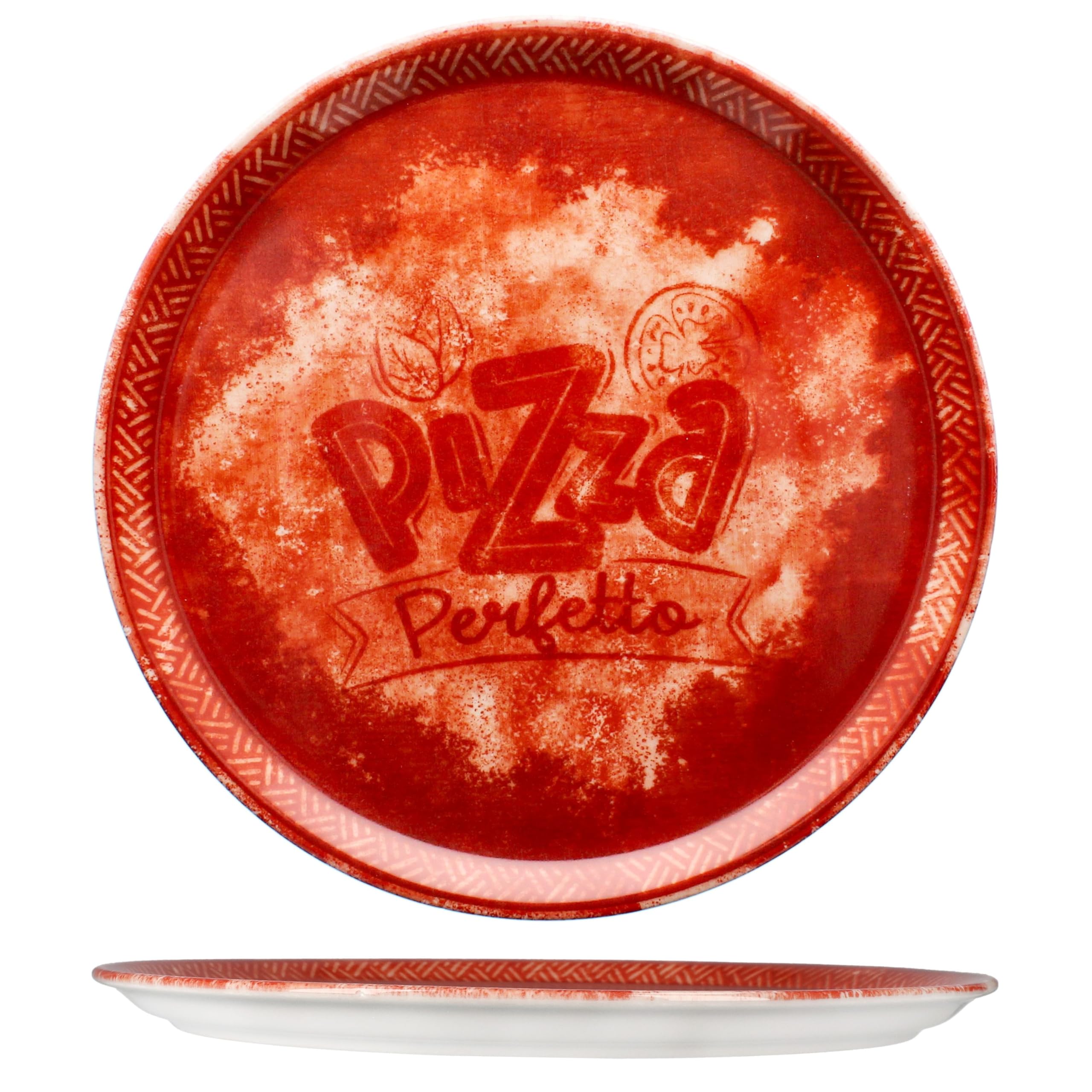 MamboCat Perfetto - Set di 6 piatti per pizza, diametro 31,5 cm, rosso, per 6 persone, in porcellana rustica per pizza, torte flambate e molto altro ancora, grandi piatti piani con decorazioni e